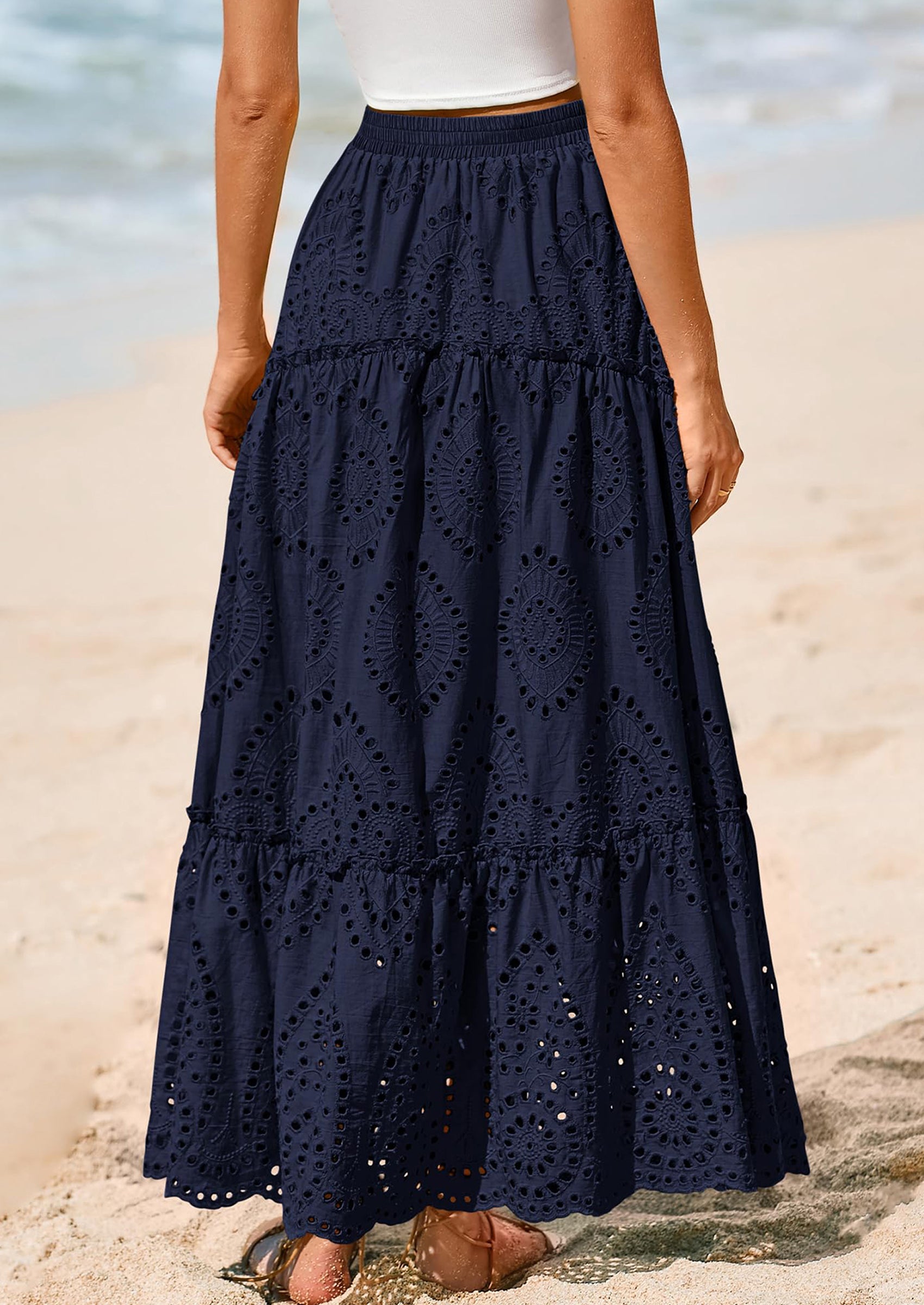 BTFBM Women's Boho Casual Skirts Summer Lace Embroidery Eyelet Elastic Waist Flowy Tiered A-Line Beach Maxi Skirt