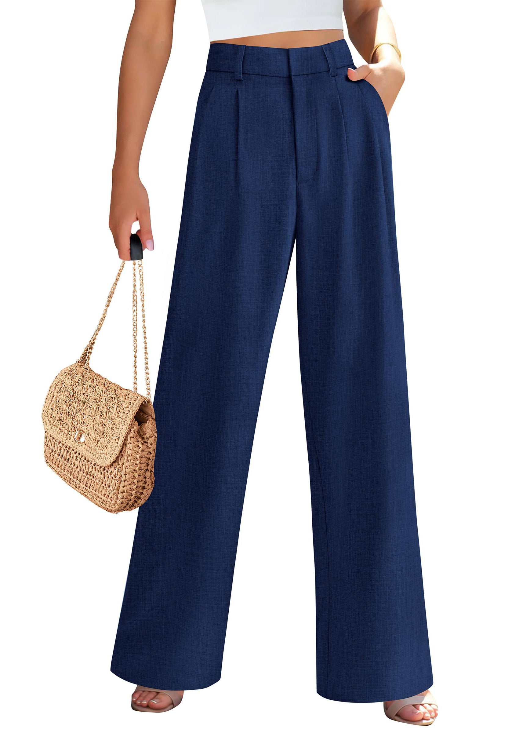 PRETTYGARDEN Women's Summer Elastic High Waisted Work Pants Straight Leg Dressy Business Casual Trousers Slacks Pockets