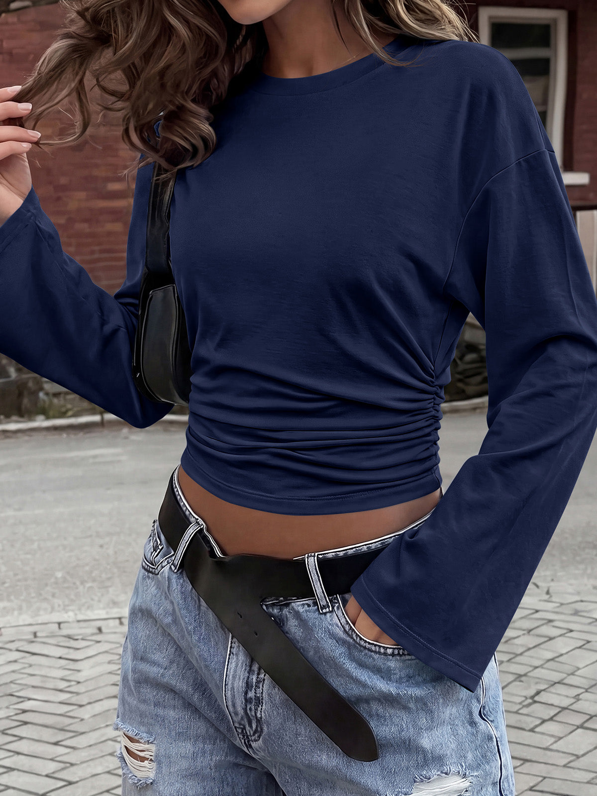 Classic Crewneck Ruched Waist Tee Shirts, Casual Fitted Cute Top, Soft Basic Layering, Y2k Fall Outfits, Fashion Clothing