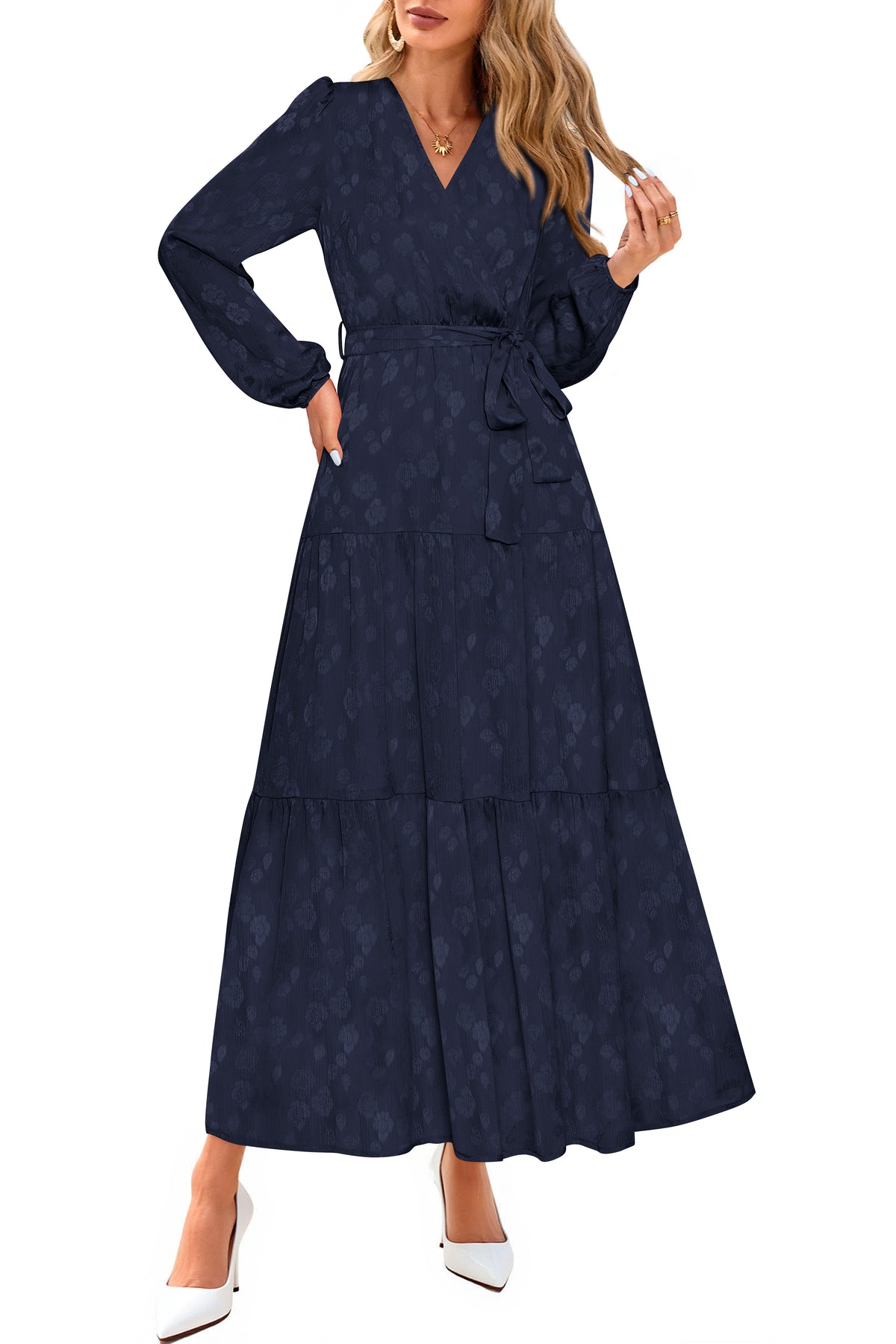 PRETTYGARDEN Womens Long Sleeve Boho Floral Wrap Maxi Dress  Fall Wedding Guest Dresses 2026, Chiffon Flowy Long Dresses, Casual Tie Waist V Neck Dress, Modest A Line Ruffle Tiered Dress