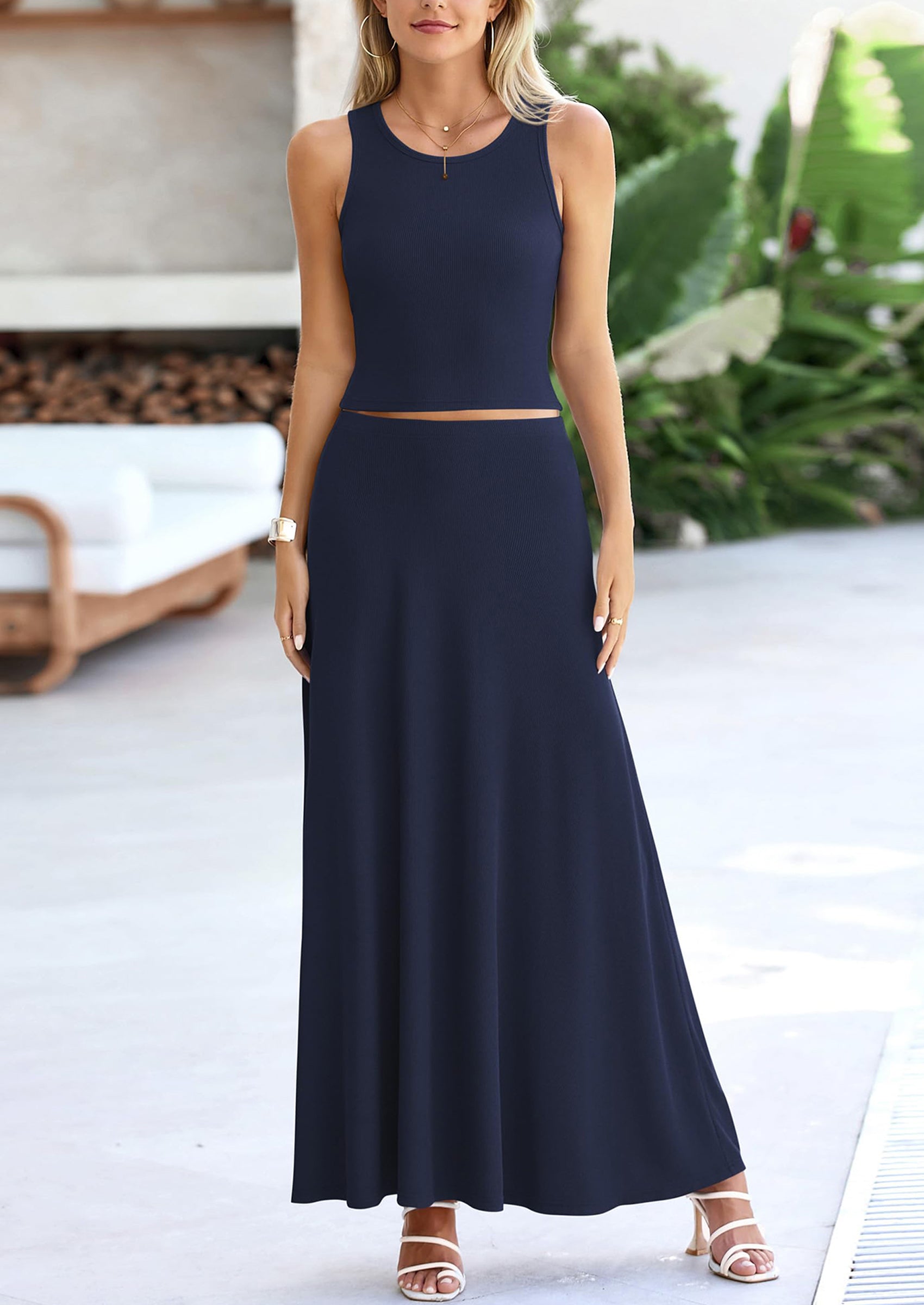 PRETTYGARDEN 2 Piece Maxi Skirt Sets Casual Knit Cropped Tank Top High Waisted Long Skirts Outfit