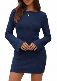 PRETTYGARDEN Womens Fall Bell Long Sleeve Mini Dress 2026 Casual Boat Neck Ribbed Bodycon Short Party Cocktail Dresses