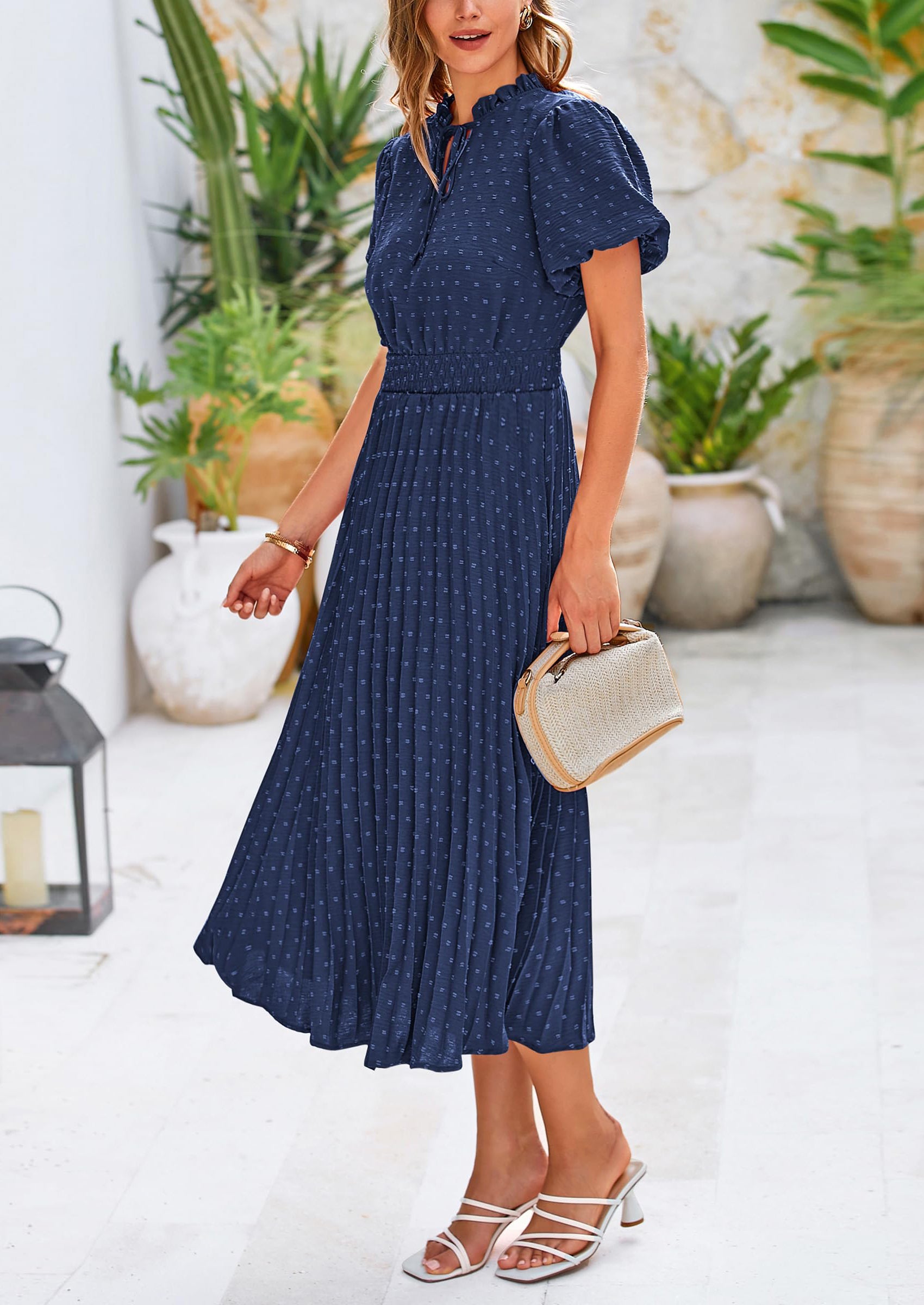 PRETTYGARDEN Womens Midi Dresses Puff Short Sleeve V Neck Swiss Dot Pleated A Line Flowy Long Wedding Guest Dress