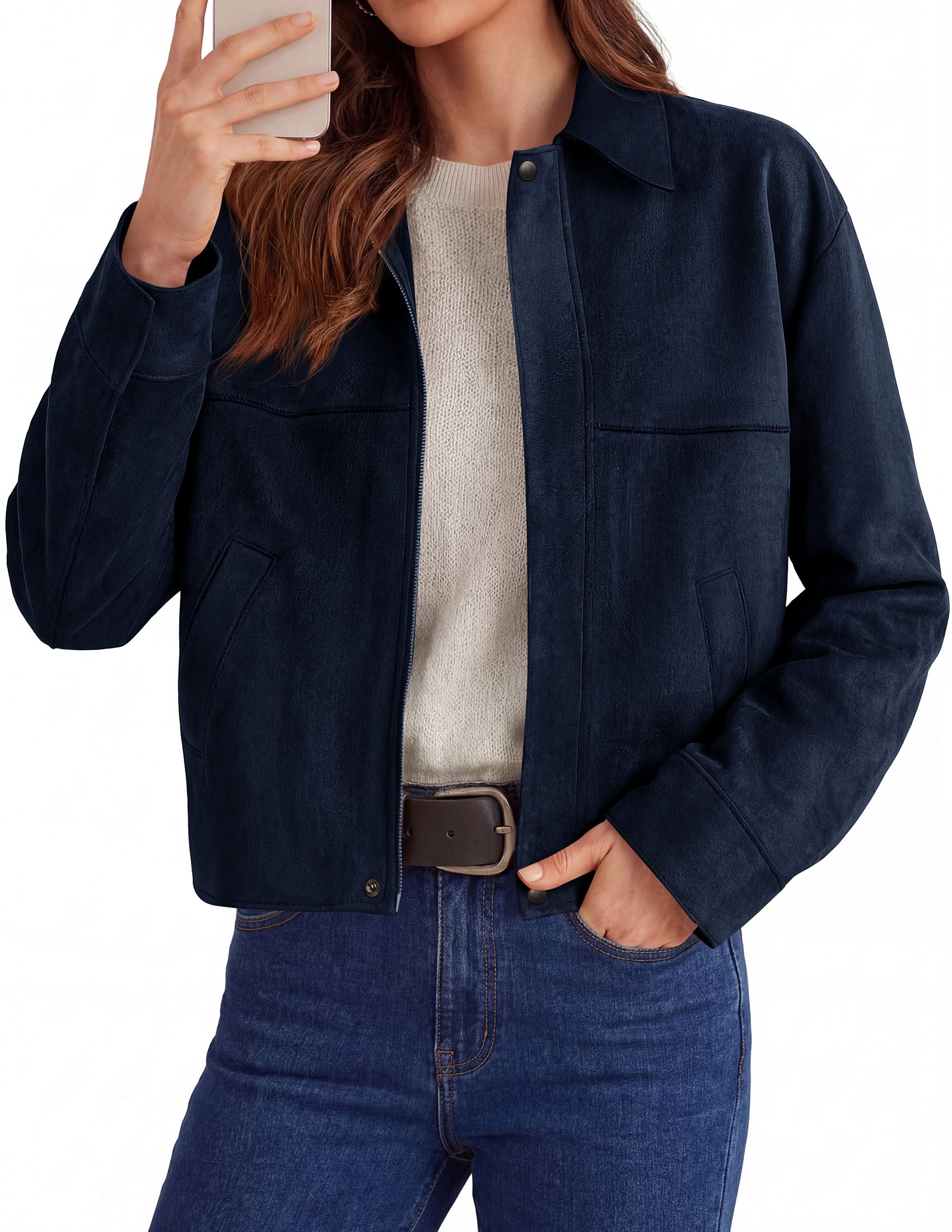 PRETTYGARDEN Women's Faux Suede Cropped Fall Jackets | Soft Zip Up Coats,Classic Lapel Collar,Button Down Shacket,Oversized Casual Outerwear,Trendy Winter Clothes with Pockets