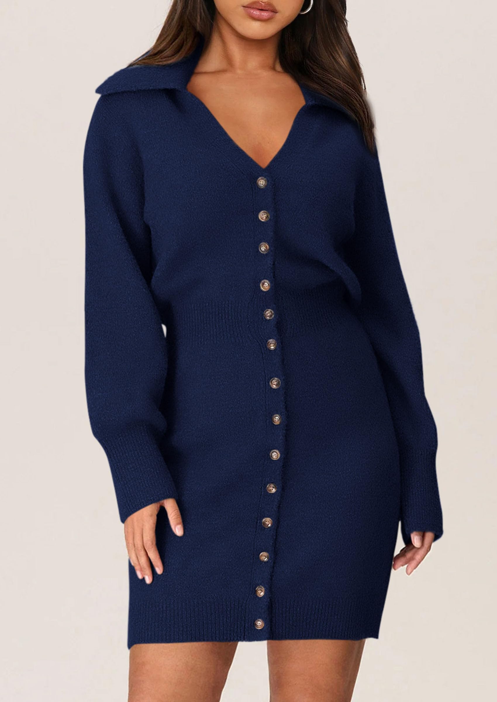 PRETTYGARDEN Sweater Dresses for Women Trendy Long Sleeve Button Down Short Spring Dress