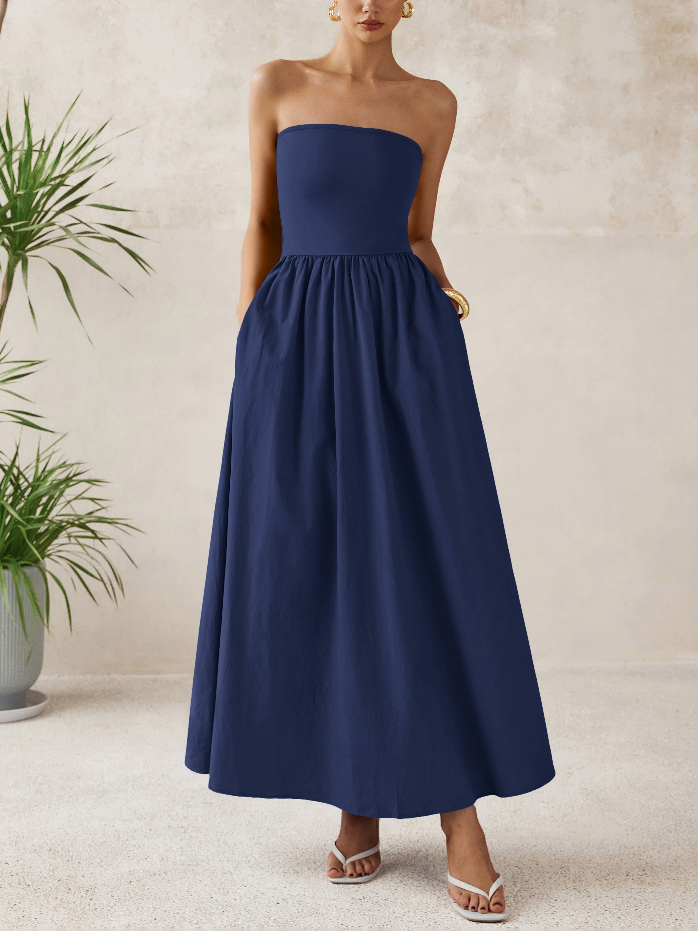 PRETTYGARDEN Women Summer Elegant Strapless Maxi Dress Tube Top Dress A Line Flowy Long Wedding Party Cocktail Dresses