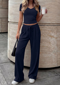 PRETTYGARDEN 2 Piece Sets for Women Summer 2026 Spring Lounge Set Matching V Neck Tops Wide Leg Pants Airport Travel Outfits PRETTYGARDEN