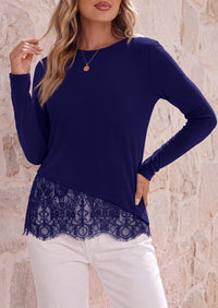PRETTYGARDEN Women's Lace Patchwork Long Sleeve Shirts | Soft Casual Tops,Irregular Asymmetrical Hem,Crew Neck Thermal Blouses,Loose Fit Layer Tee,Fashion Fall Winter Daily Wear