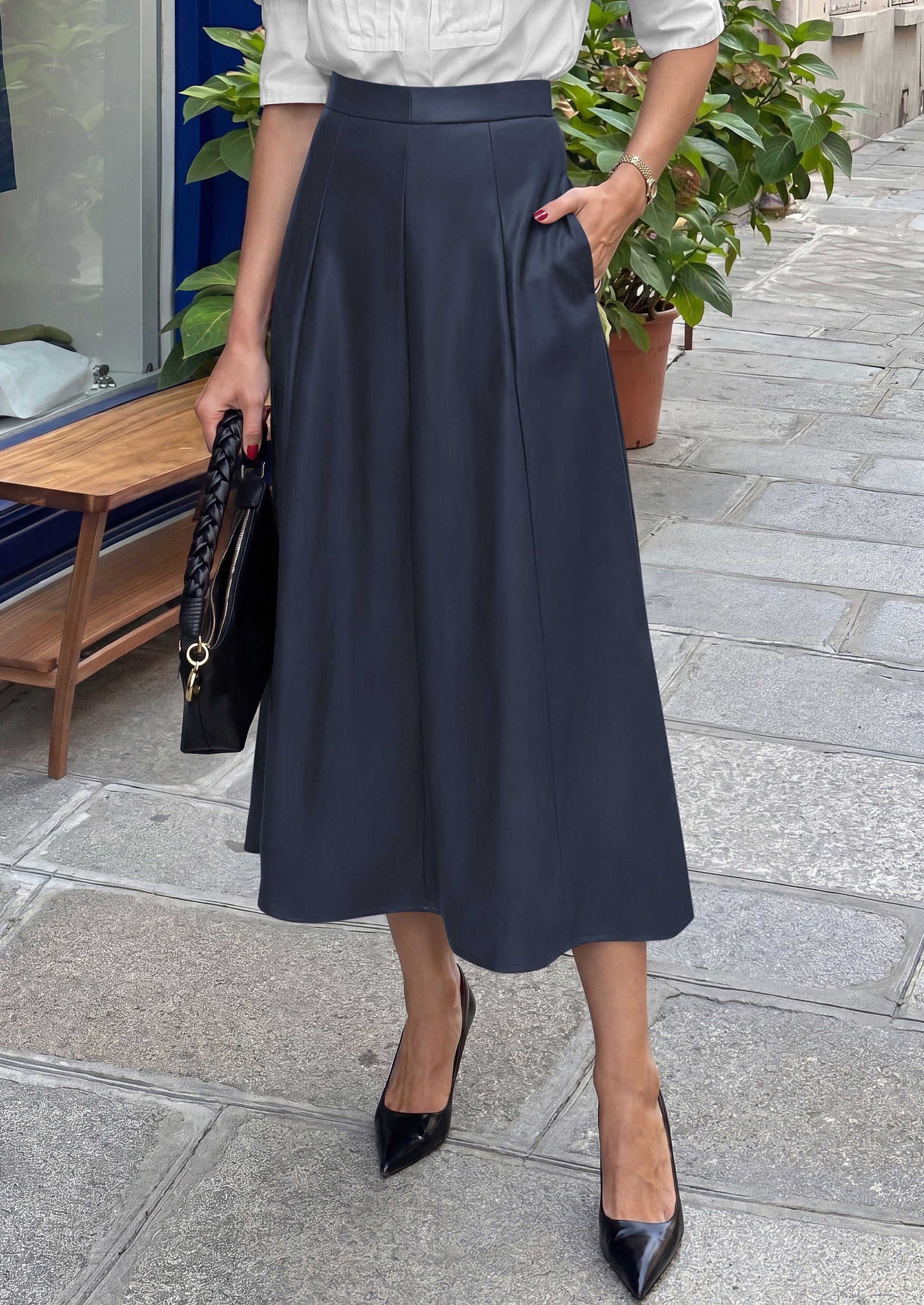 PRETTYGARDEN Womens Faux Leather High Waisted Midi Skirt | Flowy A Line Pleated Skirts, Elegant Swing Flared, Work Business Casual Outfits, Fall Winter Fashion Clothes