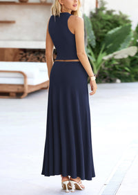 PRETTYGARDEN 2 Piece Maxi Skirt Sets Casual Knit Cropped Tank Top High Waisted Long Skirts Outfit