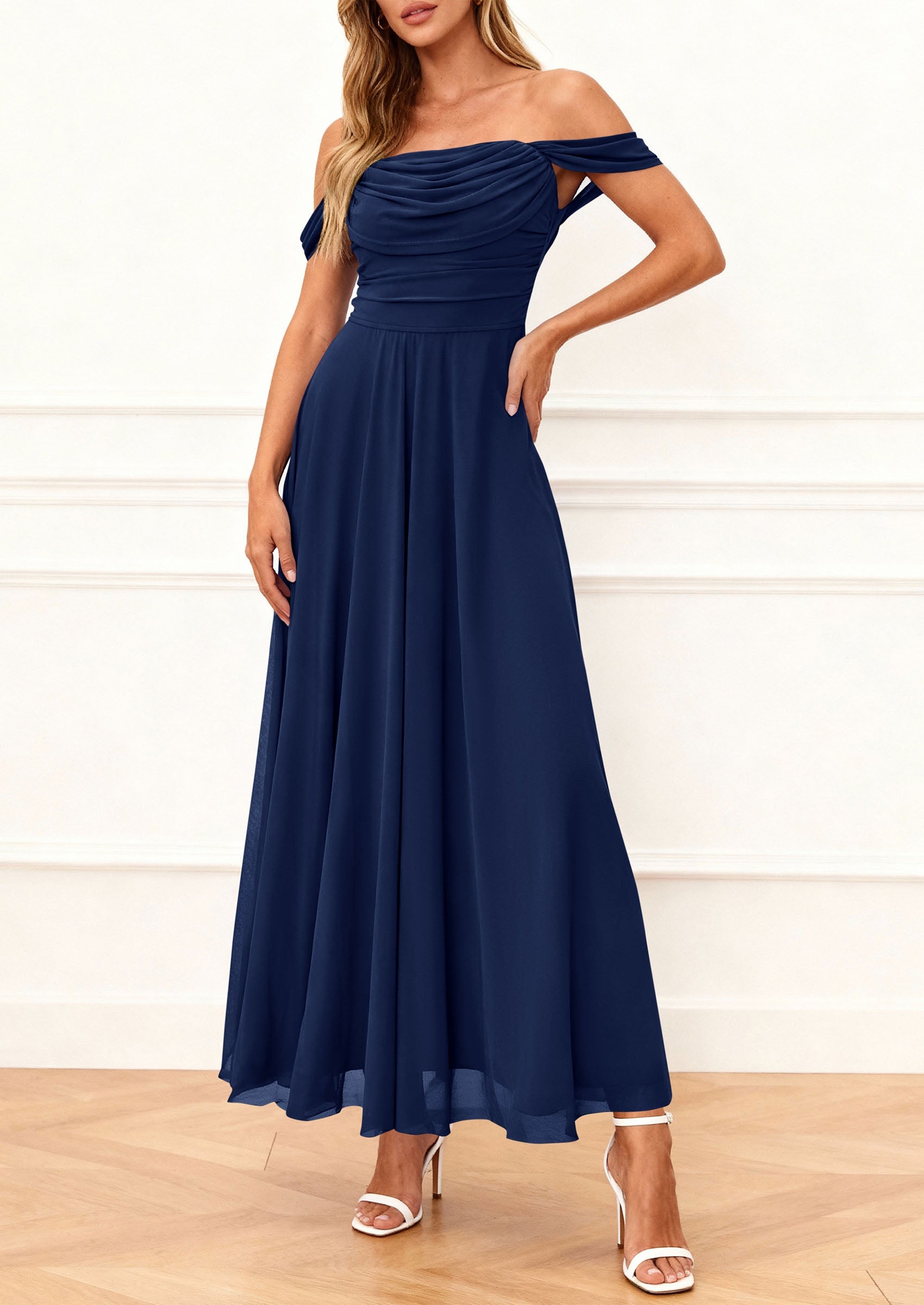 PRETTYGARDEN Womens Off Shoulder Maxi Summer Dresses 2026 Elegant Mesh Aline Swing Ruched Flowy Cocktail Wedding Guest Dress PRETTYGARDEN