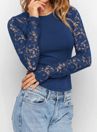PRETTYGARDEN Sheer Lace Raglan Long Sleeve Shirts for Women | Soft Stretchy Knit,See Through Floral Sleeves,Crewneck Fitted Tshirts,Daily Going Out Tops,Office Layer,Fall Fashion Clothing