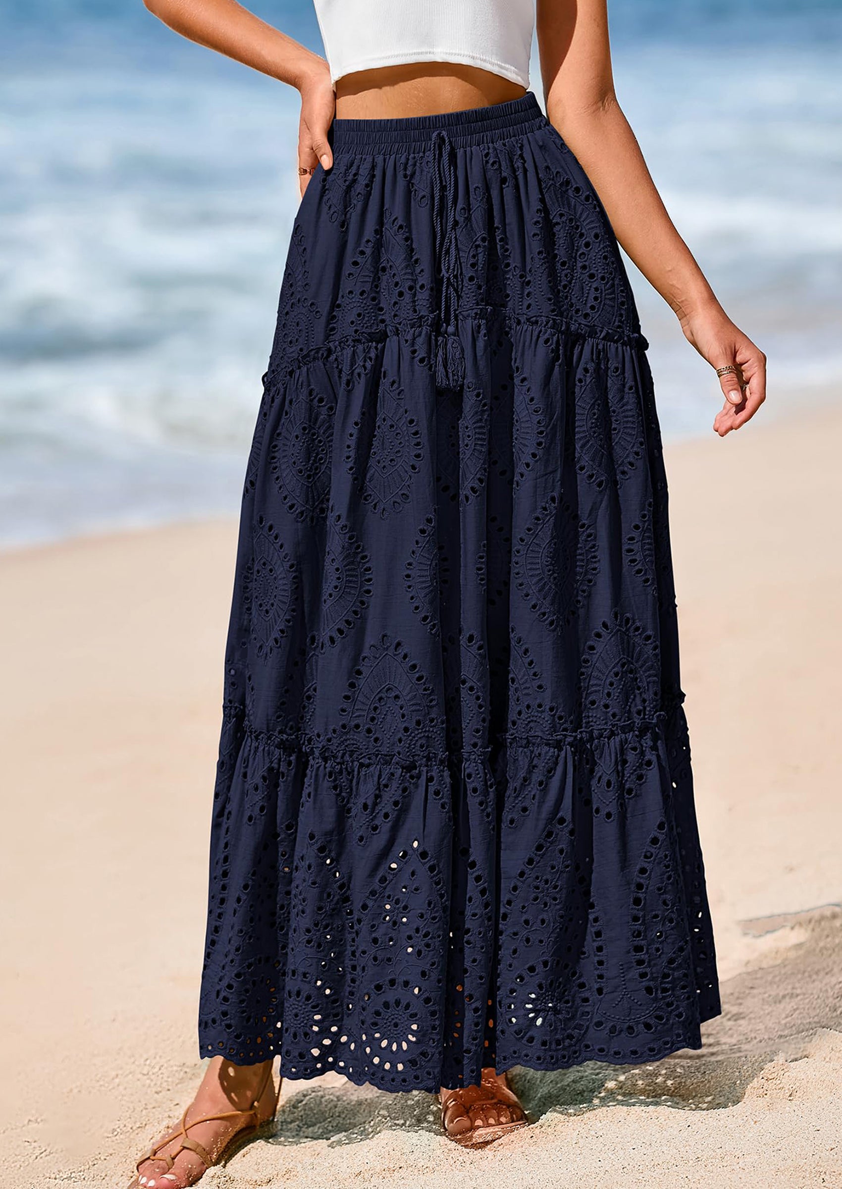 BTFBM Women's Boho Casual Skirts Summer Lace Embroidery Eyelet Elastic Waist Flowy Tiered A-Line Beach Maxi Skirt