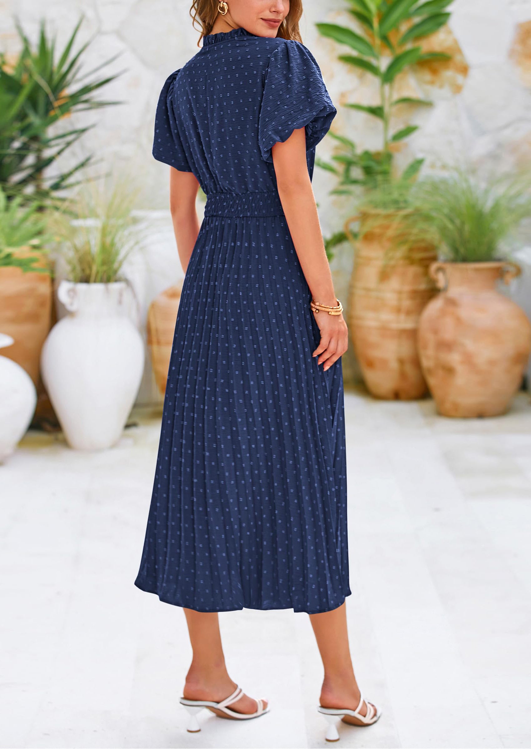 PRETTYGARDEN Womens Midi Dresses Puff Short Sleeve V Neck Swiss Dot Pleated A Line Flowy Long Wedding Guest Dress