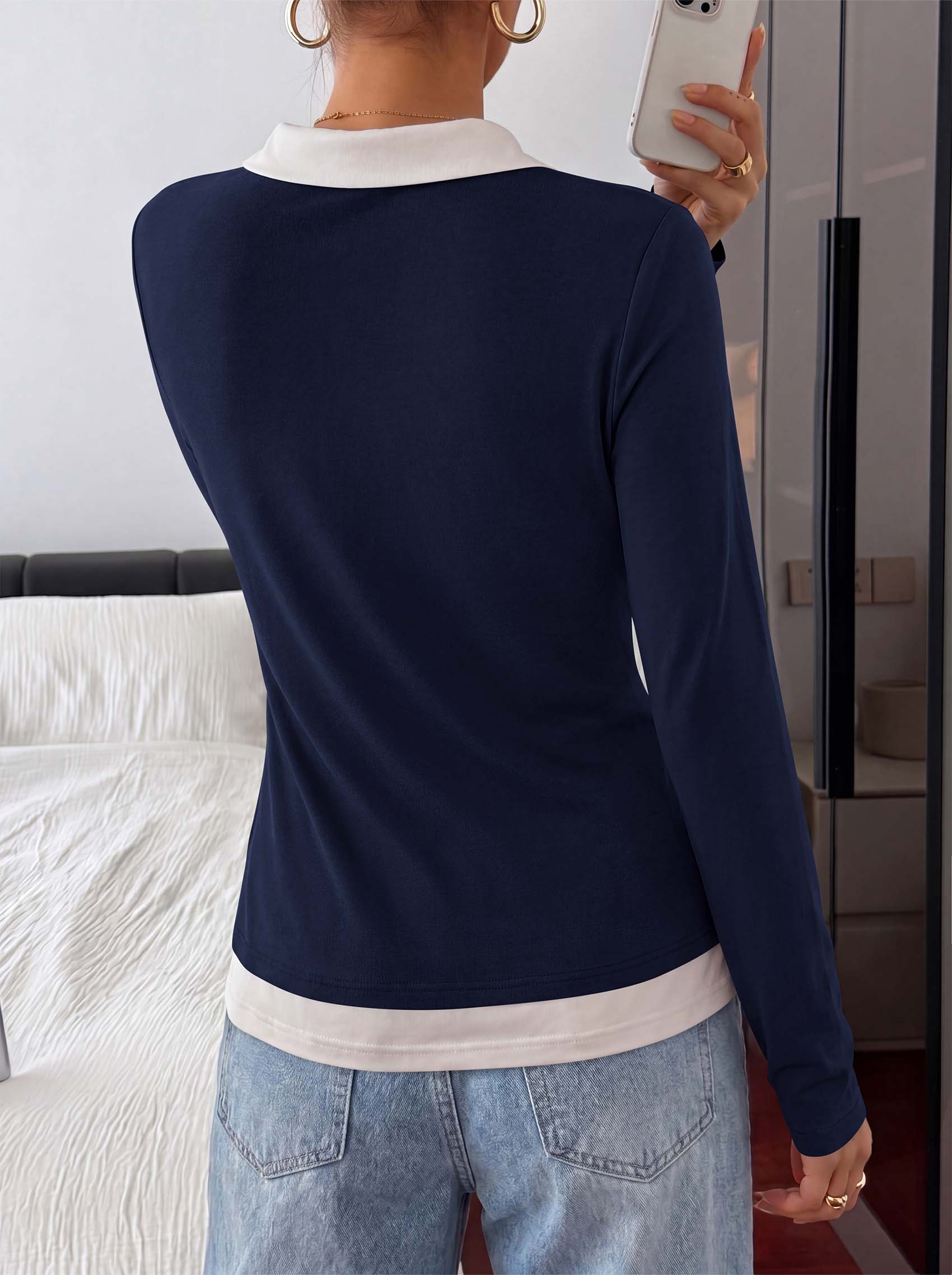 PRETTYGARDEN Womens Casual Polo T-Shirt Color Block Layered Tops | Contrast Collared V Neck Tops, Soft Double Layer T Shirts for Women, Casual Tops for Women, Trendy Fall Outfits 2026