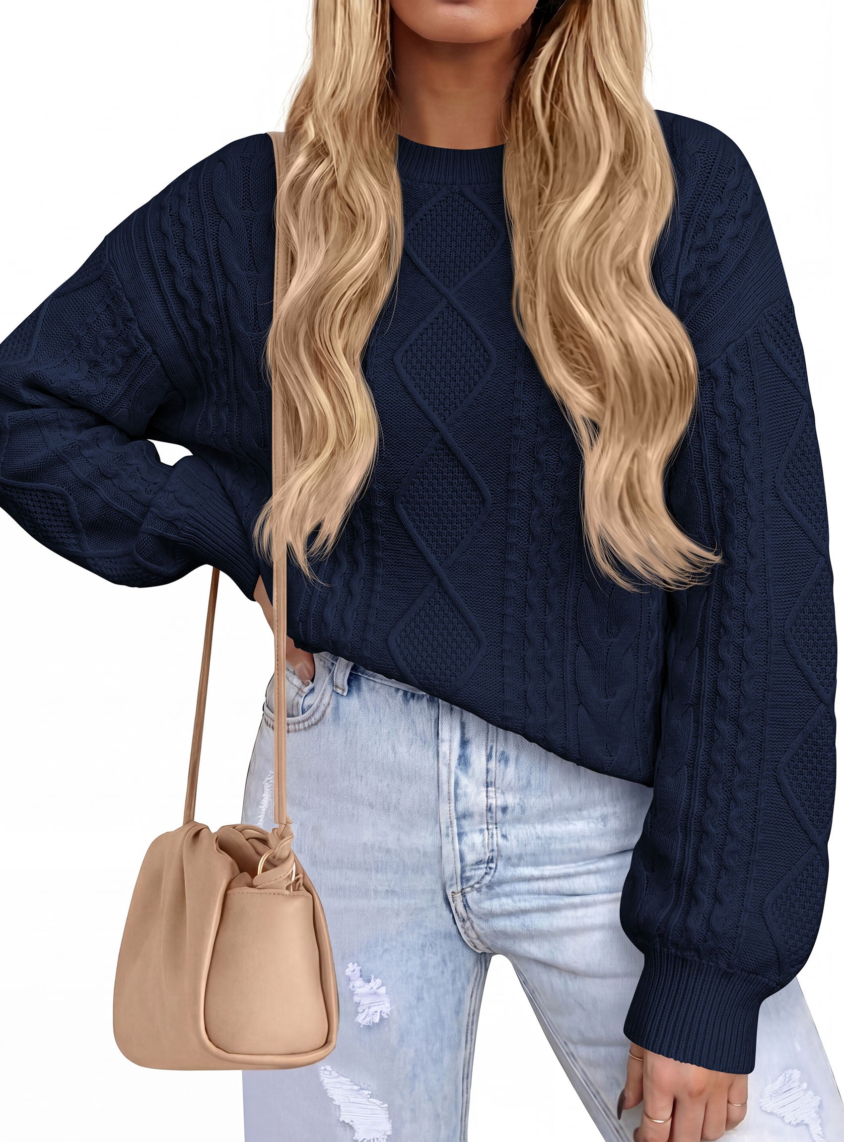 PRETTYGARDEN Womens Cable Knit Sweater Crewneck Pullover | Soft Ribbed Cuffs,Relaxed Fit Long Sleeve Sweaters,Chunky Diamond,Warm Layering,Comfy Daily Wear,Fall Winter Going out Top