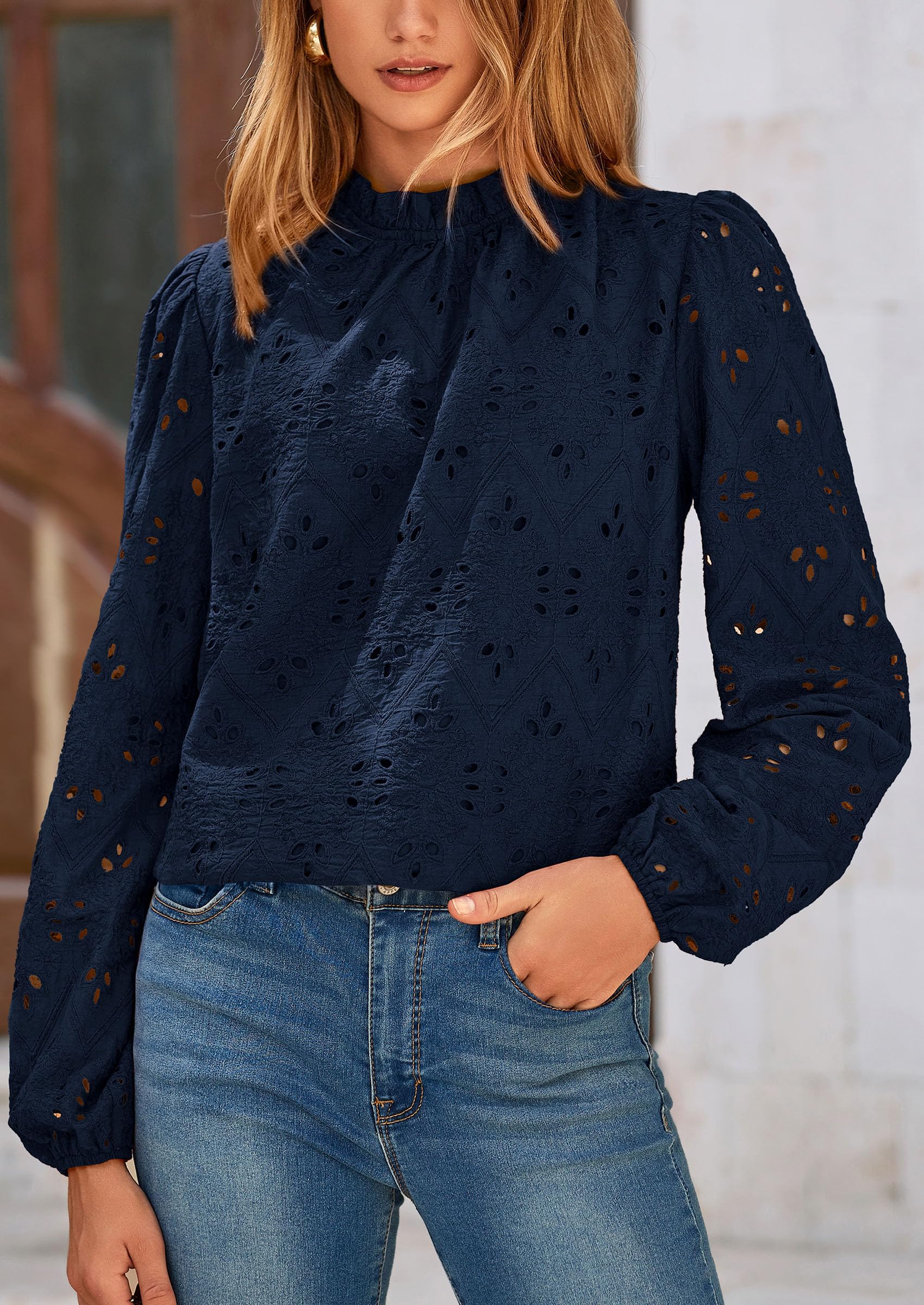 PRETTYGARDEN Womens Tops Dressy Casual Spring Long Sleeve Shirts Embroidered Eyelet Blouses Going Out Outfits