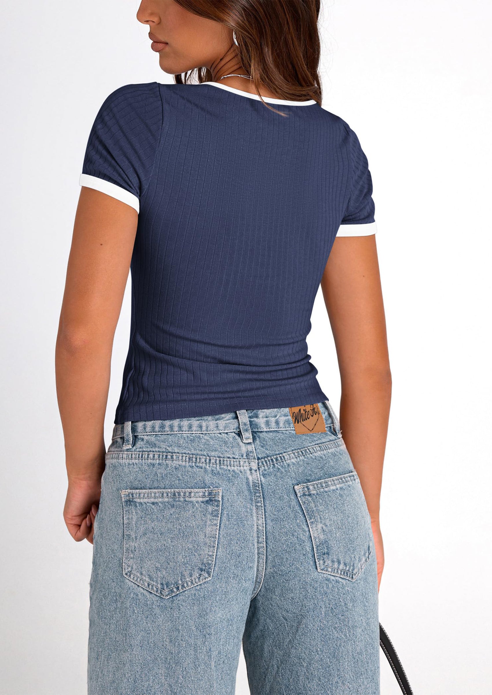 PRETTYGARDEN Women's Summer Short Sleeve T Shirts Ribbed Knit Square Neck Color Block Slim Fit Basic Casual Crop Tops Blouses