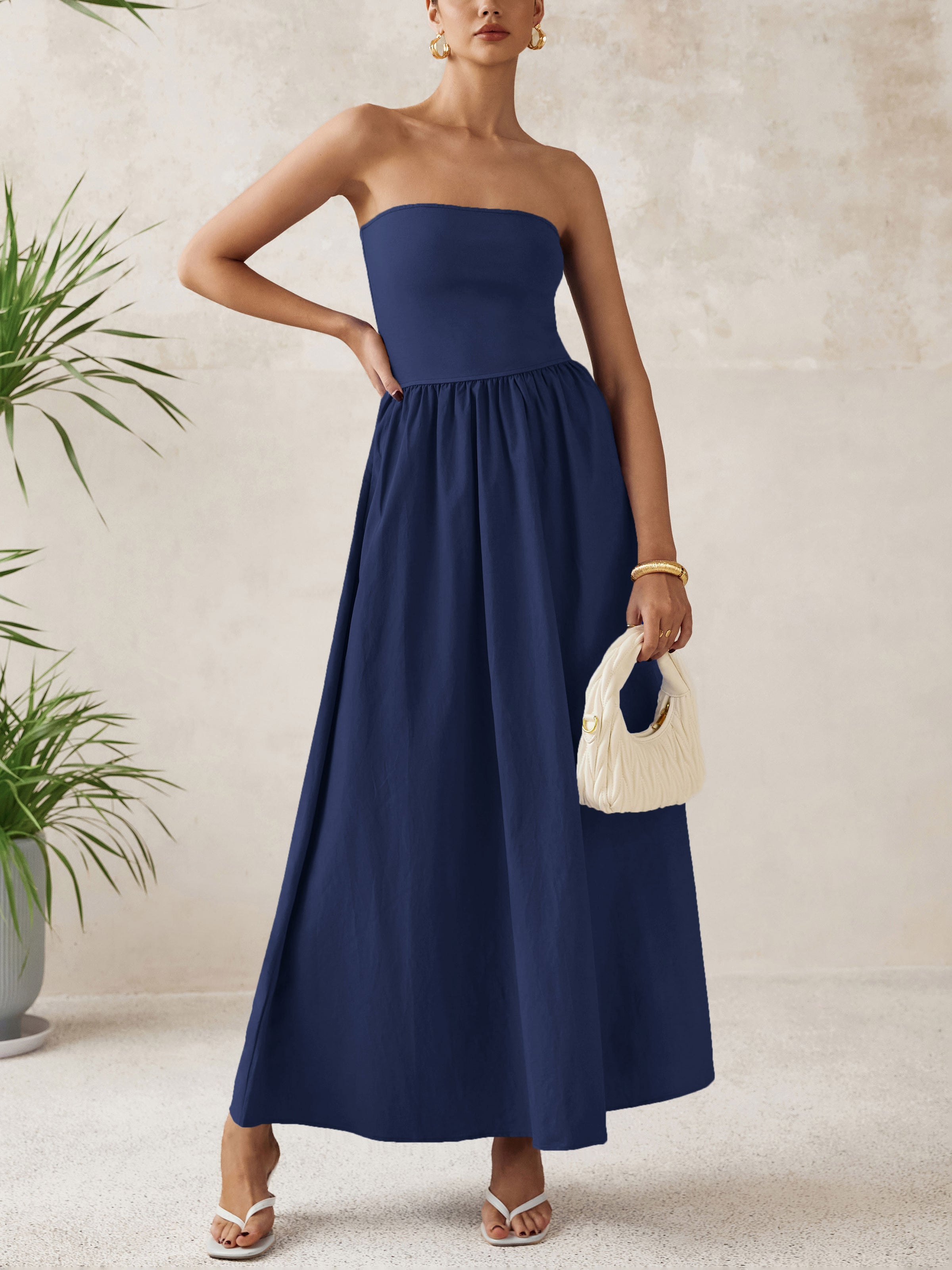 PRETTYGARDEN Women Summer Elegant Strapless Maxi Dress Tube Top Dress A Line Flowy Long Wedding Party Cocktail Dresses