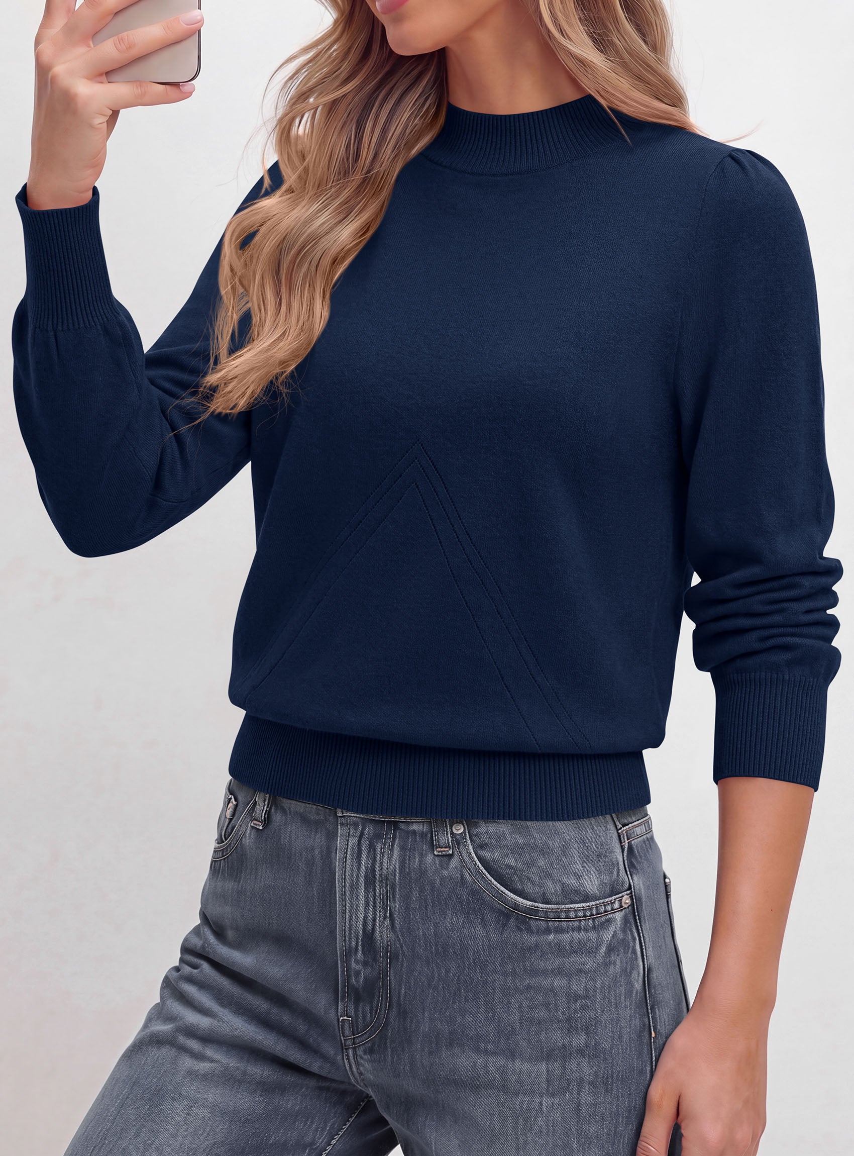 PRETTYGARDEN Womens Fall Mock Neck Long Sleeve Sweater  Soft Stretchy Fabric, V-Shape Knit Pattern, Chic Puff Sleeves, Ribbed Trim Pullover Sweaters, Casual Work Office Outfits