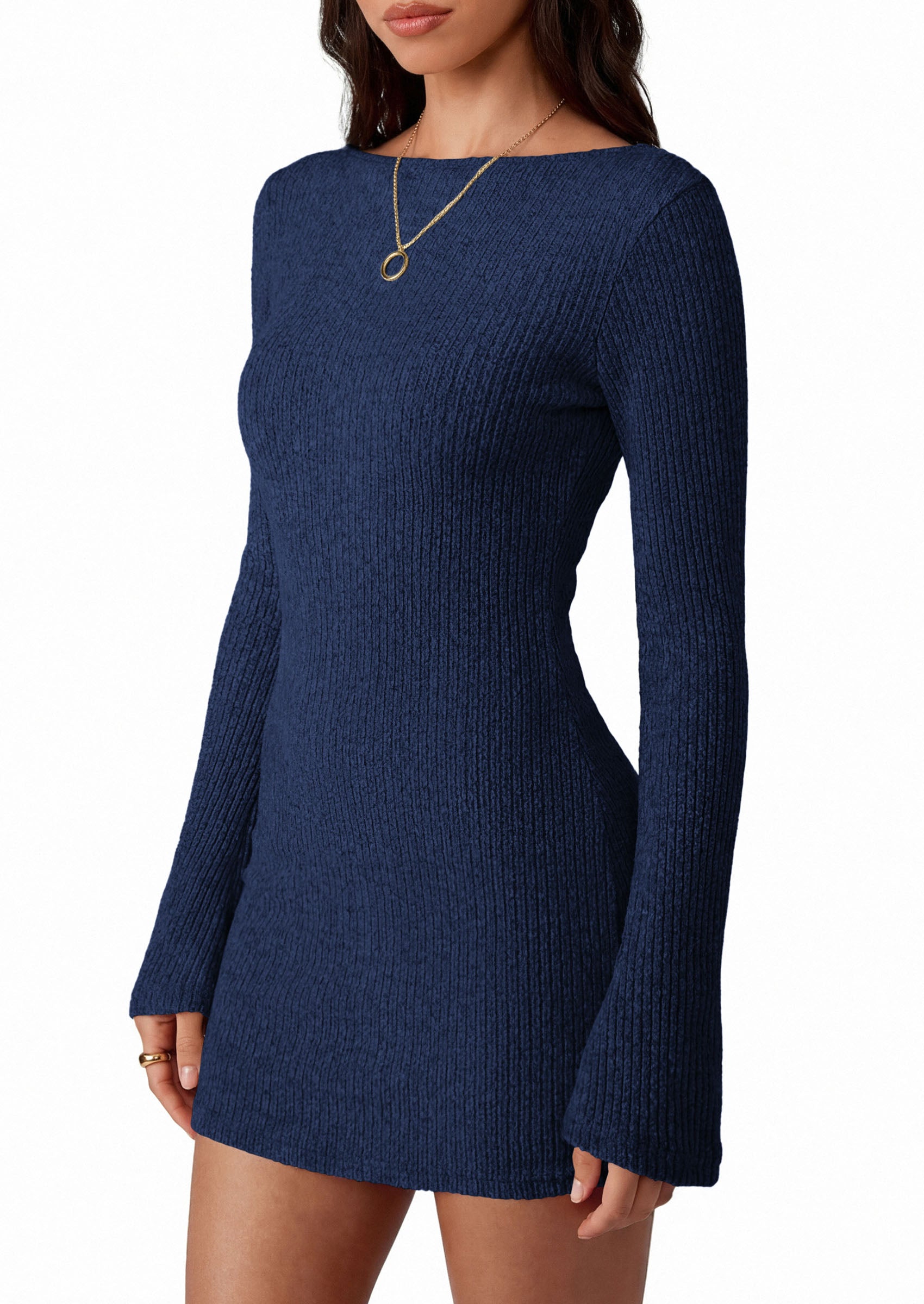 PRETTYGARDEN Womens Fall Bell Long Sleeve Mini Dress 2026 Casual Boat Neck Ribbed Bodycon Short Party Cocktail Dresses