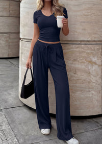 PRETTYGARDEN 2 Piece Sets for Women Summer 2026 Spring Lounge Set Matching V Neck Tops Wide Leg Pants Airport Travel Outfits PRETTYGARDEN