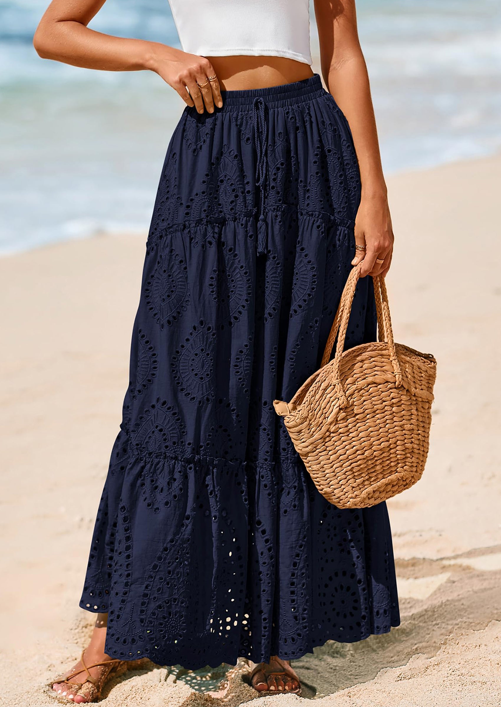 BTFBM Women's Boho Casual Skirts Summer Lace Embroidery Eyelet Elastic Waist Flowy Tiered A-Line Beach Maxi Skirt