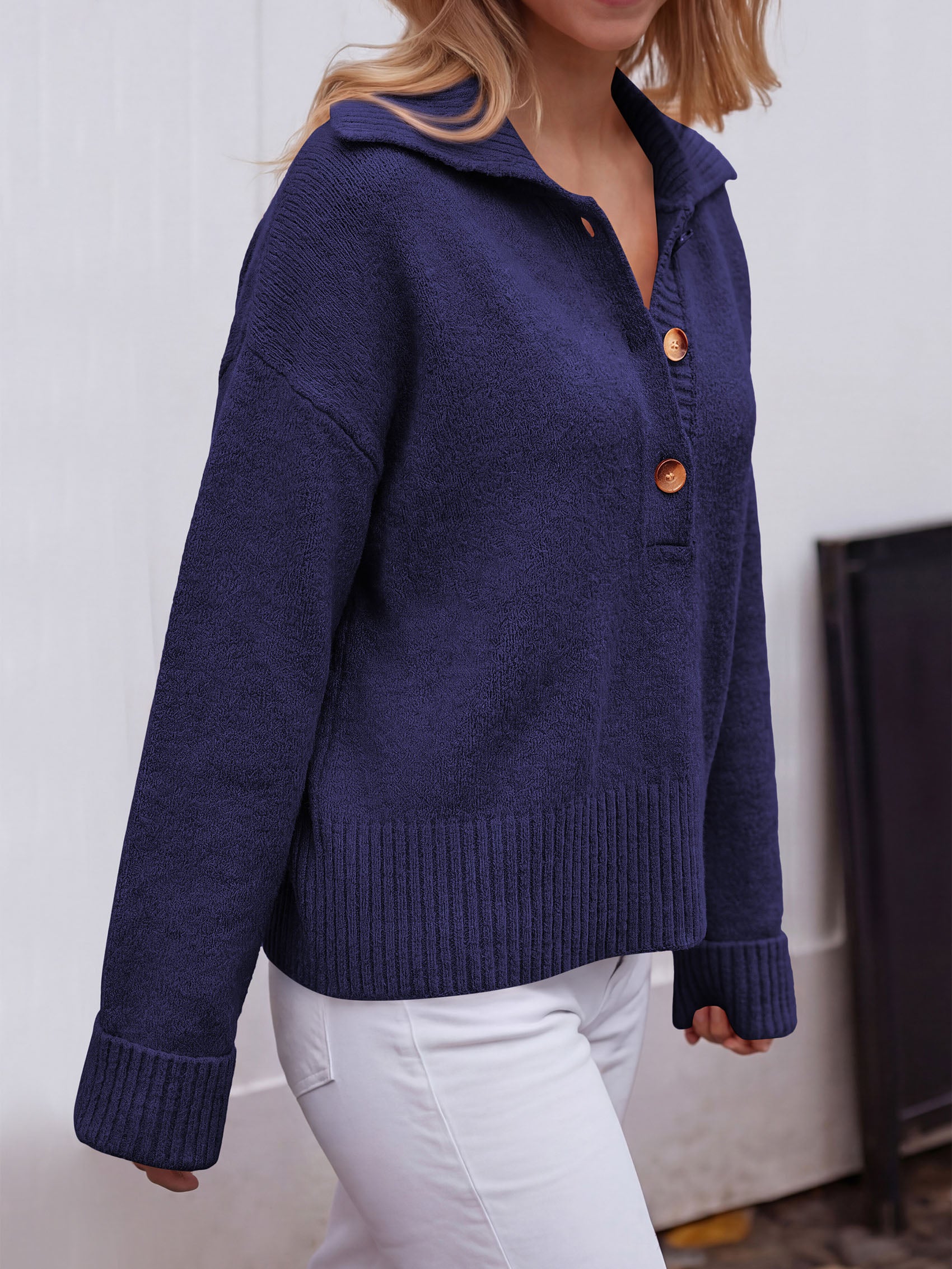 PRETTYGARDEN Womens Fall Long Sleeve Sweaters Button up V Neck Polo Shirts | Quarter Button Collared Tops, Ribbed Knit Comfy Shirts, Relaxed Fit Sweater Tops, Casual Fall Outfits for Women 2026