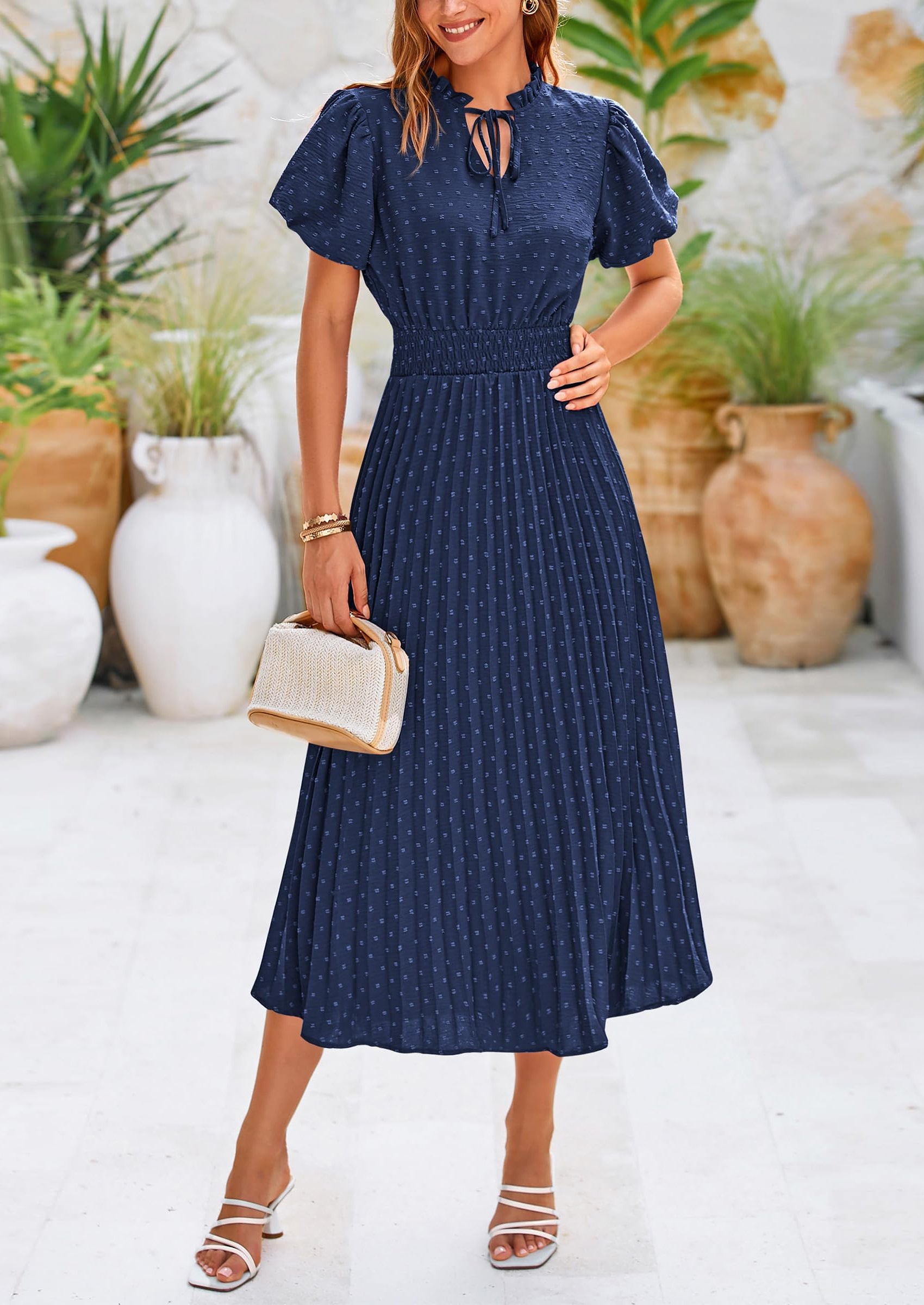 PRETTYGARDEN Womens Midi Dresses Puff Short Sleeve V Neck Swiss Dot Pl PRETTYGARDEN Womens Midi Dresses Puff Short Sleeve V Neck Swiss Dot Pl