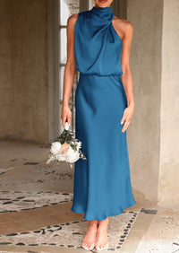 PRETTYGARDEN Women's Summer Satin Dress Elegant Sleeveless Mock Neck Cocktail Party Maxi Dresses