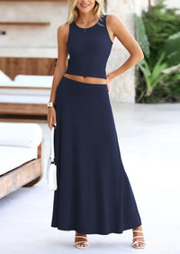 PRETTYGARDEN 2 Piece Maxi Skirt Sets Casual Knit Cropped Tank Top High Waisted Long Skirts Outfit
