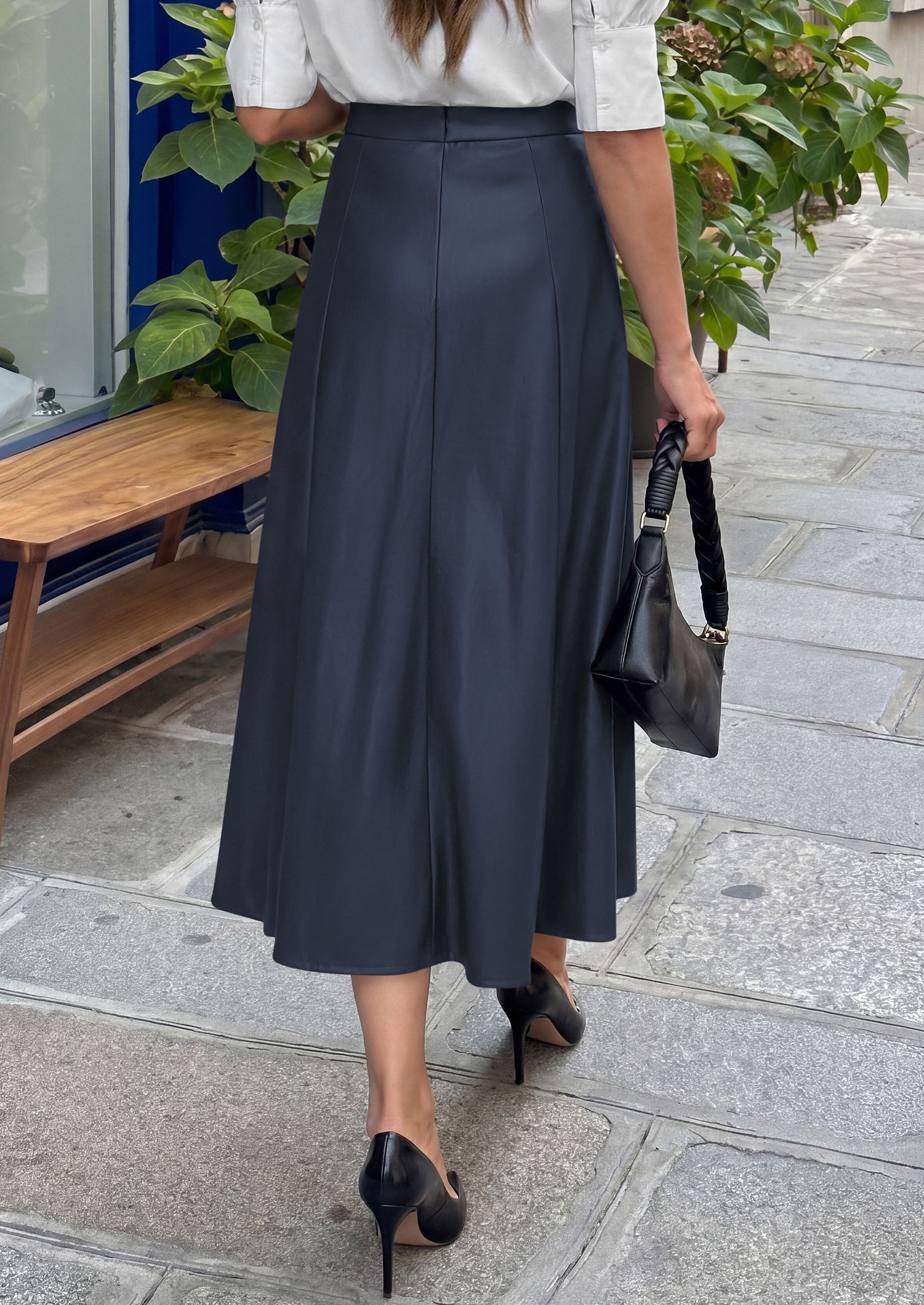 PRETTYGARDEN Womens Faux Leather High Waisted Midi Skirt | Flowy A Line Pleated Skirts, Elegant Swing Flared, Work Business Casual Outfits, Fall Winter Fashion Clothes