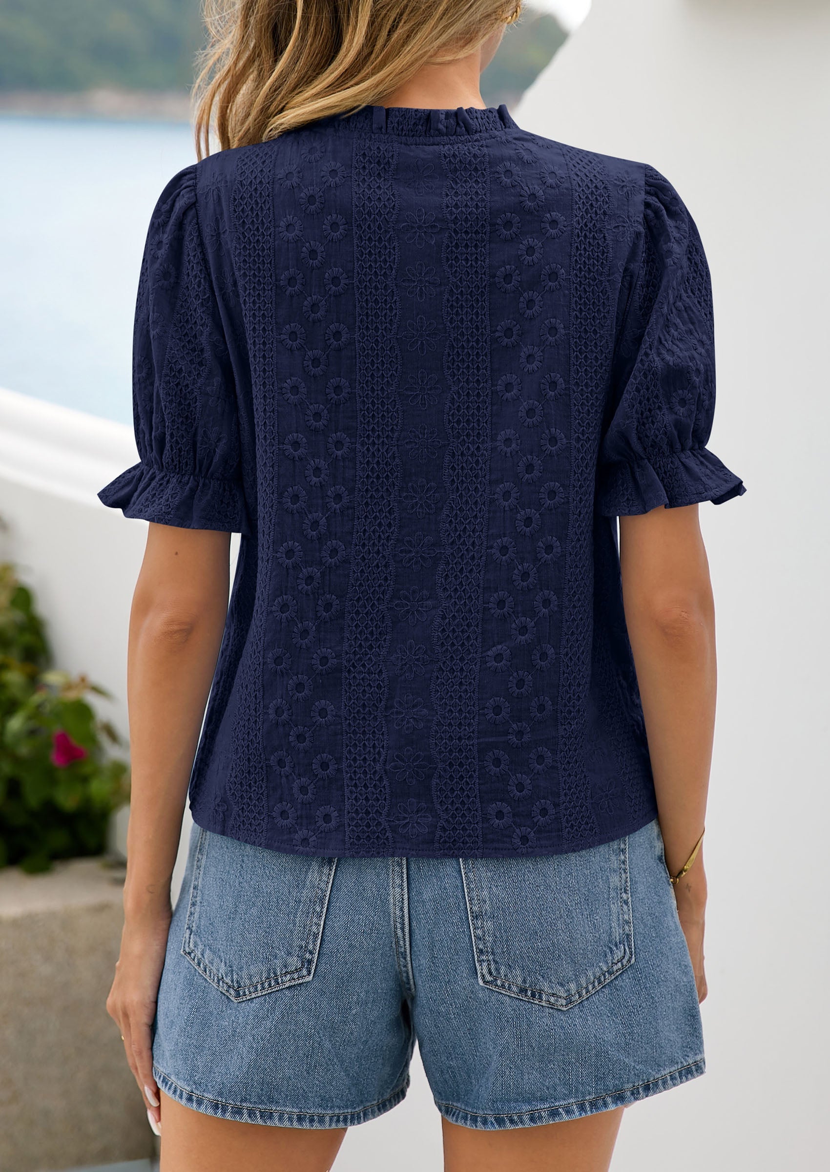 PRETTYGARDEN Womens Puff Short Sleeve Tops 2026 Summer Spring Button Down Boho Embroidered Cute Blouse Dressy Casual Shirts PRETTYGARDEN