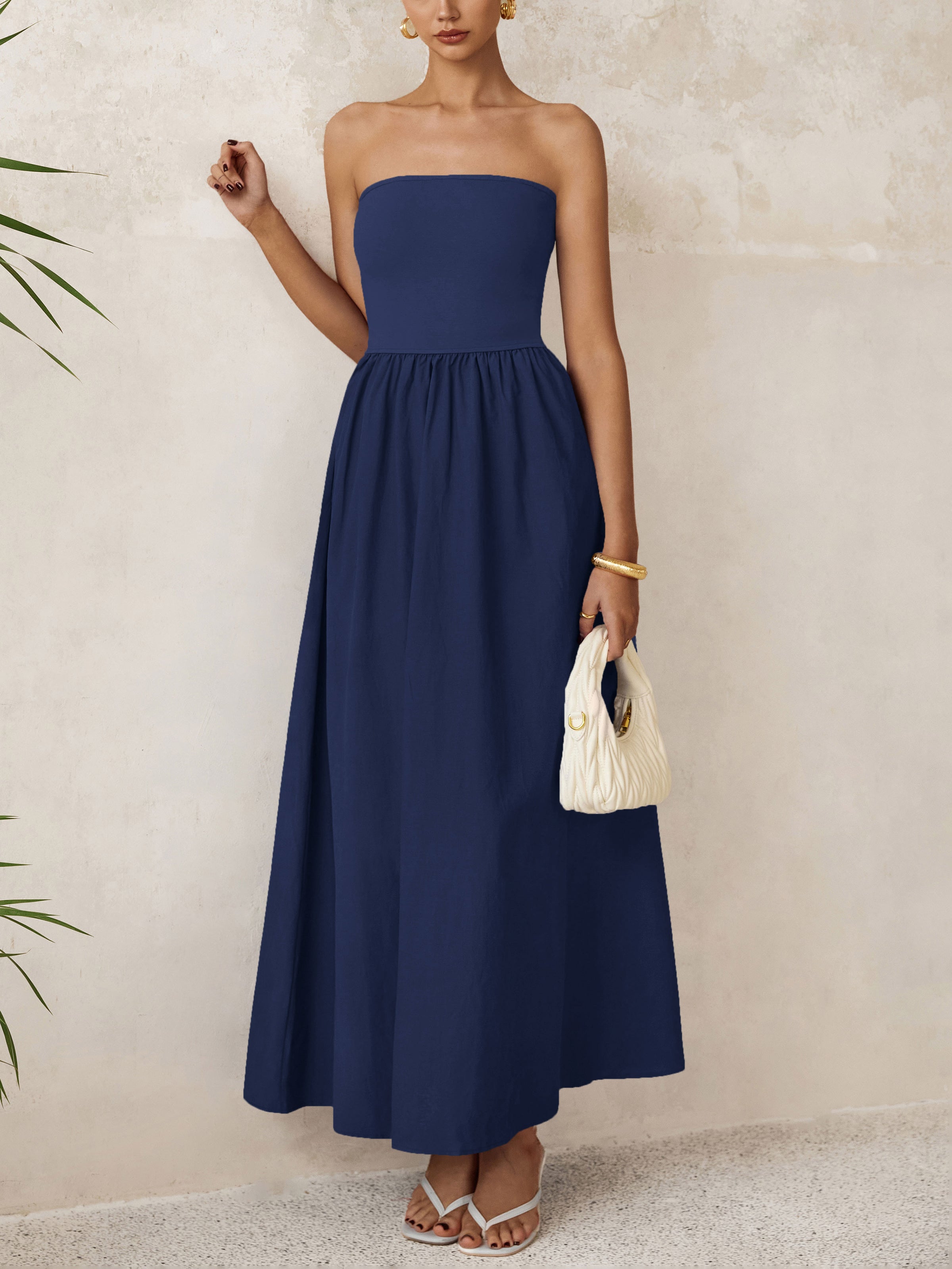 PRETTYGARDEN Women Summer Elegant Strapless Maxi Dress Tube Top Dress A Line Flowy Long Wedding Party Cocktail Dresses