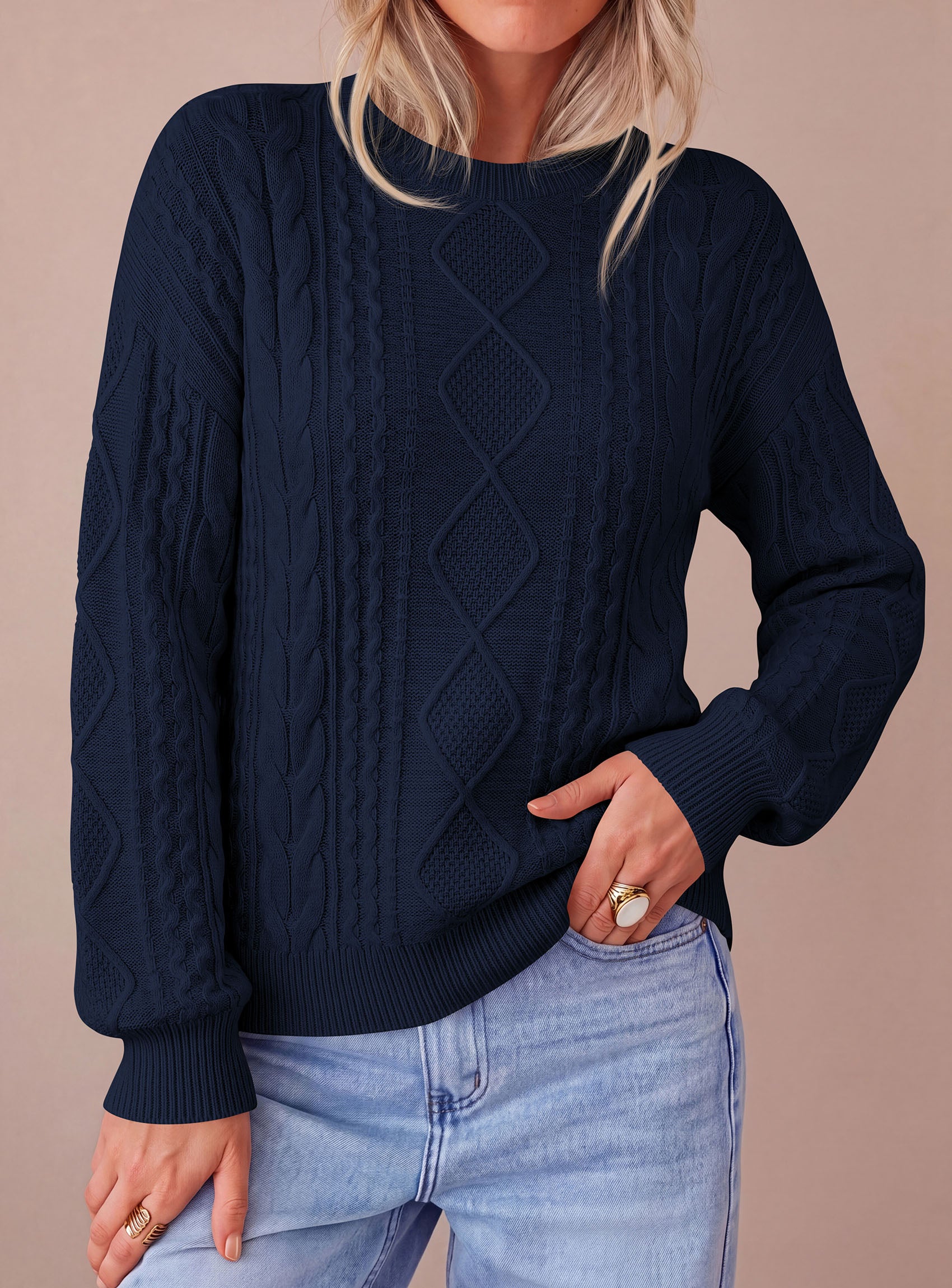 PRETTYGARDEN Womens Cable Knit Sweater Crewneck Pullover | Soft Ribbed Cuffs,Relaxed Fit Long Sleeve Sweaters,Chunky Diamond,Warm Layering,Comfy Daily Wear,Fall Winter Going out Top