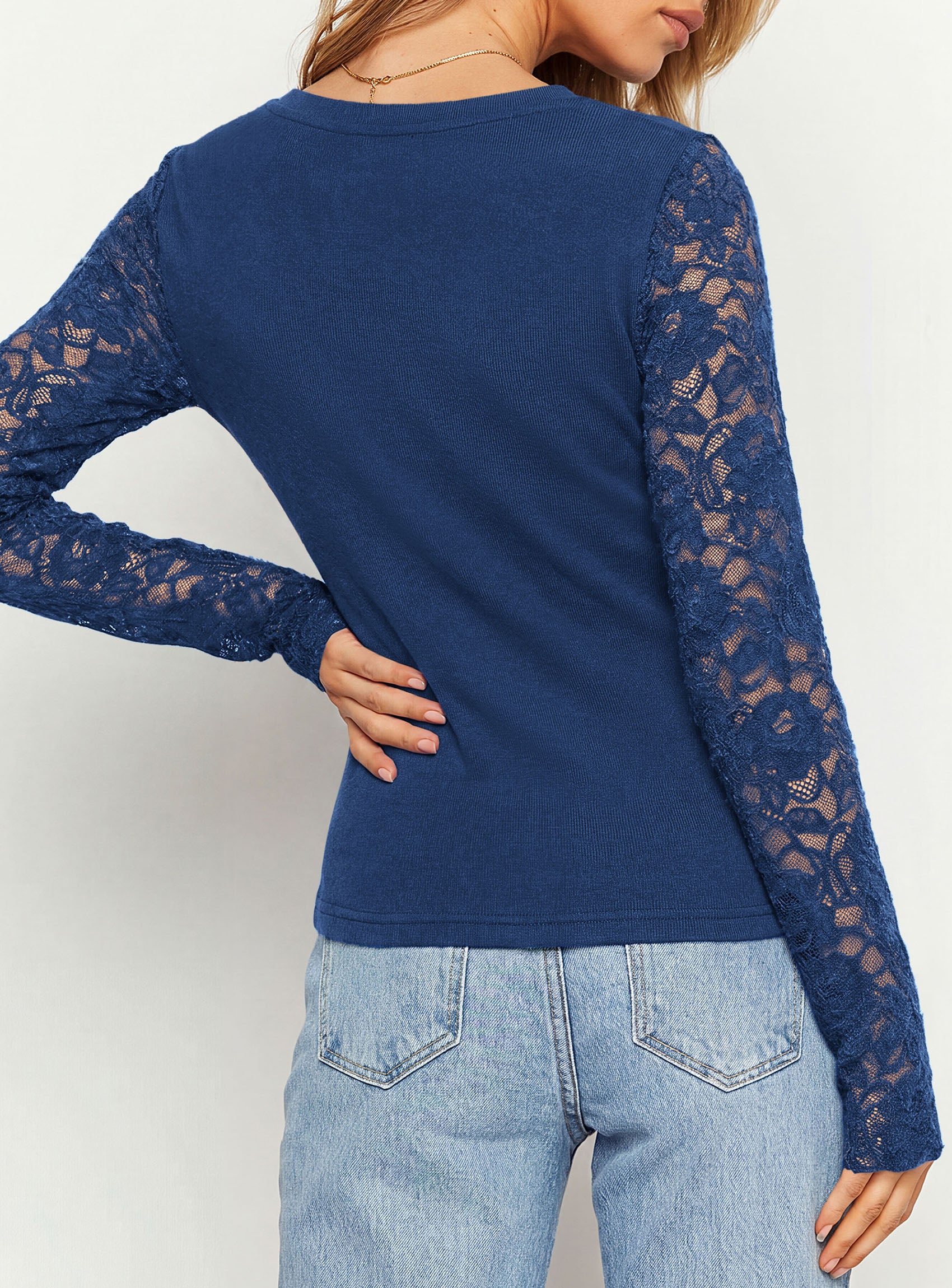 PRETTYGARDEN Sheer Lace Raglan Long Sleeve Shirts for Women | Soft Stretchy Knit,See Through Floral Sleeves,Crewneck Fitted Tshirts,Daily Going Out Tops,Office Layer,Fall Fashion Clothing