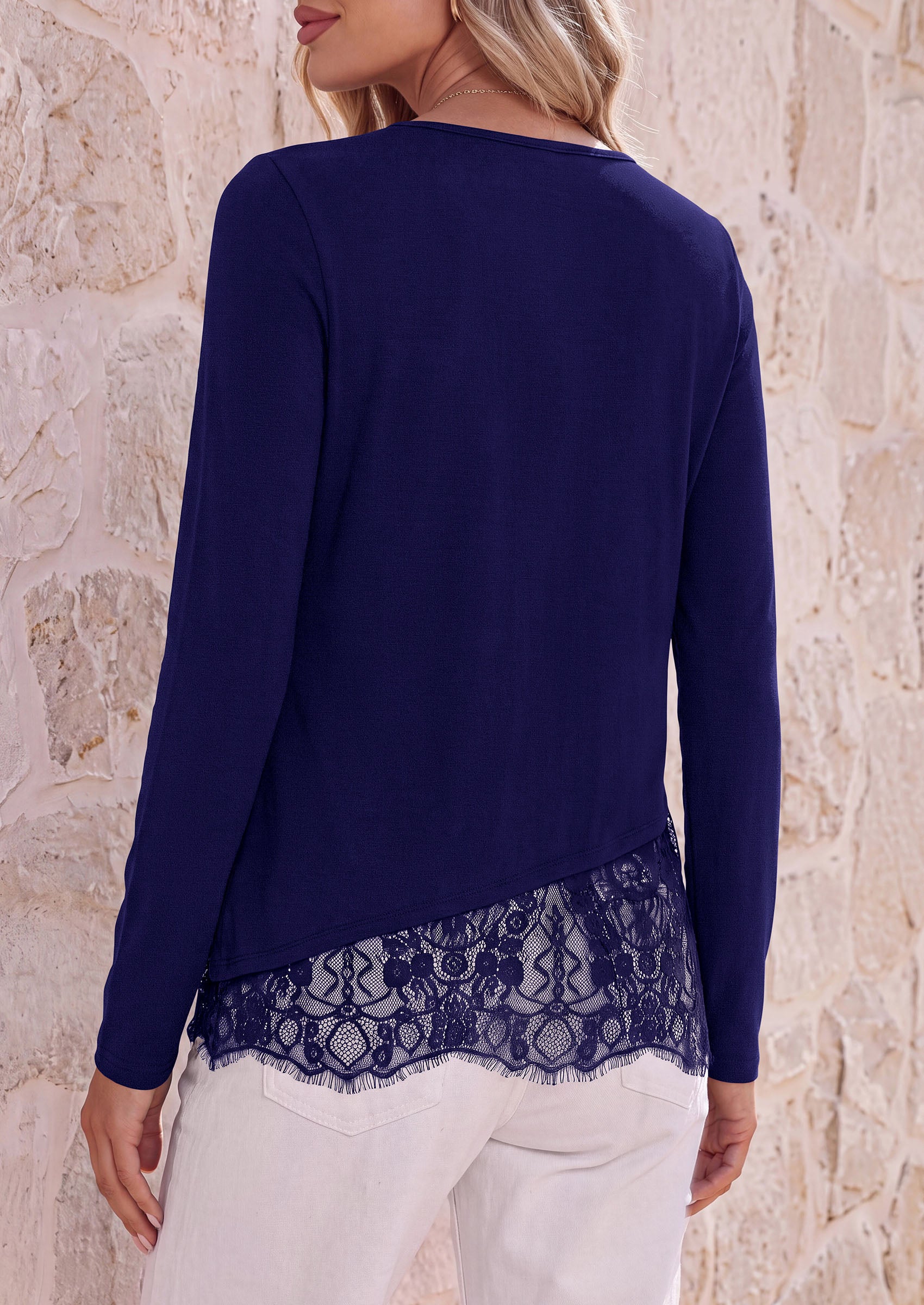 PRETTYGARDEN Women's Lace Patchwork Long Sleeve Shirts | Soft Casual Tops,Irregular Asymmetrical Hem,Crew Neck Thermal Blouses,Loose Fit Layer Tee,Fashion Fall Winter Daily Wear