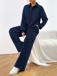 PRETTYGARDEN Women Fall 2 Piece Outfits Sweatsuits Quarter Button Long Sleeve Sweatshirt Wide Leg Pants Tracksuit Lounge Sets