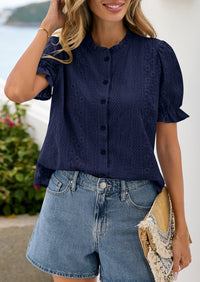 PRETTYGARDEN Womens Puff Short Sleeve Tops 2026 Summer Spring Button Down Boho Embroidered Cute Blouse Dressy Casual Shirts PRETTYGARDEN