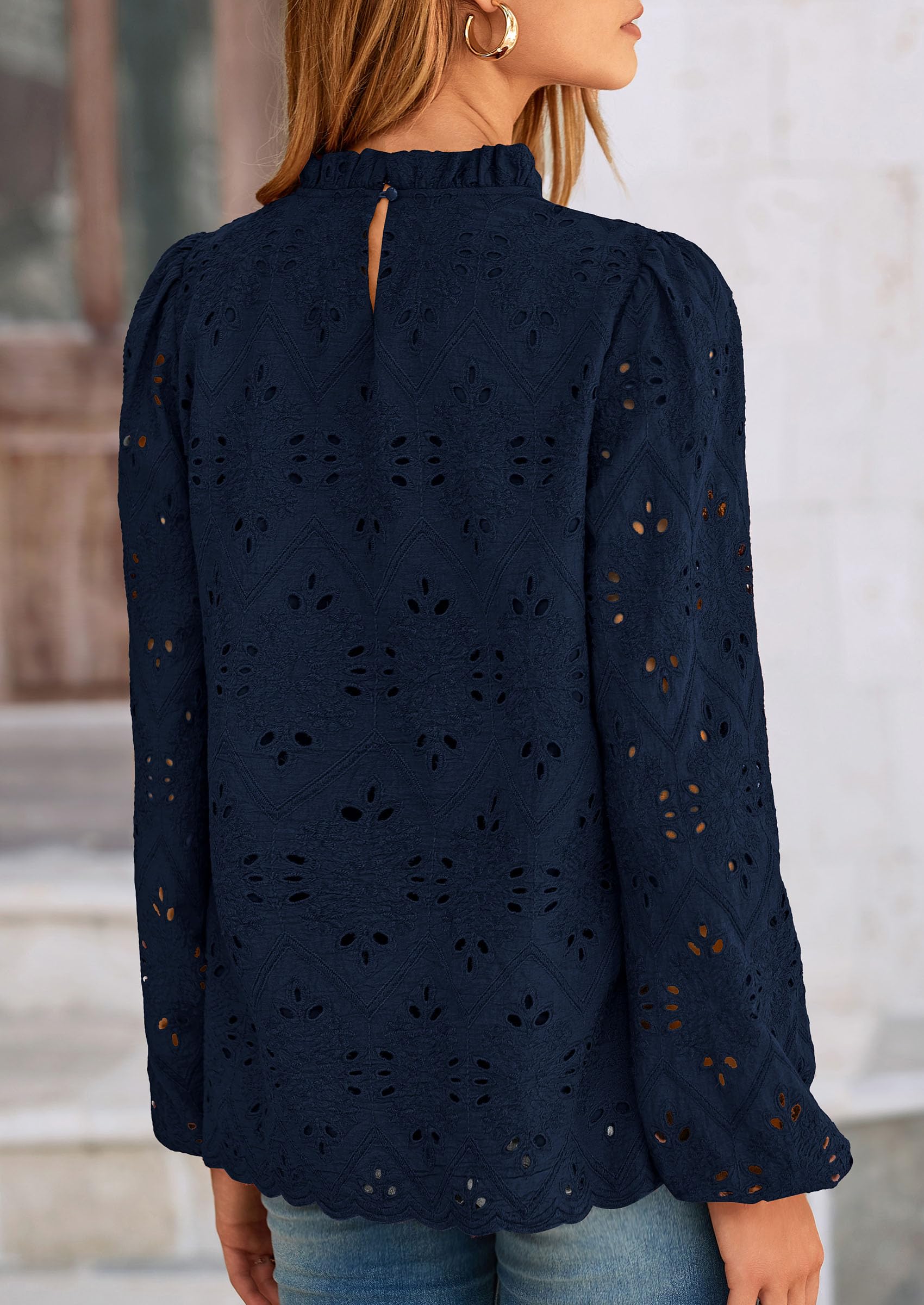 PRETTYGARDEN Womens Tops Dressy Casual Spring Long Sleeve Shirts Embroidered Eyelet Blouses Going Out Outfits