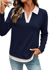PRETTYGARDEN Womens Casual Polo T-Shirt Color Block Layered Tops | Contrast Collared V Neck Tops, Soft Double Layer T Shirts for Women, Casual Tops for Women, Trendy Fall Outfits 2026