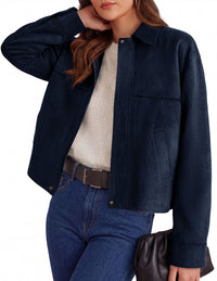 PRETTYGARDEN Women's Faux Suede Cropped Fall Jackets | Soft Zip Up Coats,Classic Lapel Collar,Button Down Shacket,Oversized Casual Outerwear,Trendy Winter Clothes with Pockets