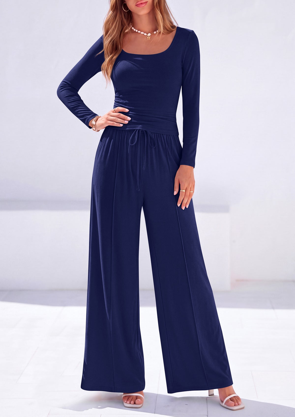 PRETTYGARDEN 2 Piece Sets for Women Fall Lounge Matching Set  Soft Fitted Square Neck Long Sleeve Crop Top, Casual Wide Leg Pants, Work, Home, Workout, Travel, Airport, Comfy Fall Clothes