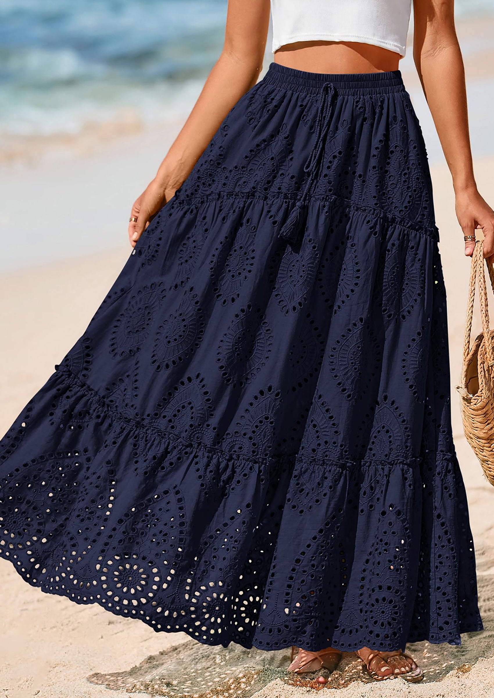 BTFBM Women's Boho Casual Skirts Summer Lace Embroidery Eyelet Elastic Waist Flowy Tiered A-Line Beach Maxi Skirt