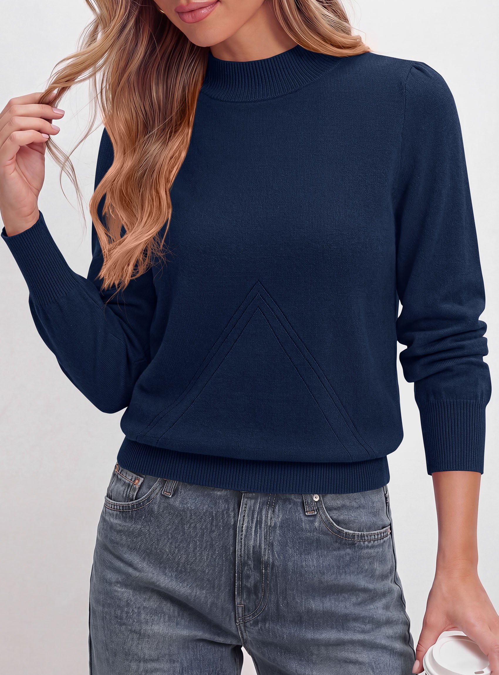PRETTYGARDEN Womens Fall Mock Neck Long Sleeve Sweater  Soft Stretchy Fabric, V-Shape Knit Pattern, Chic Puff Sleeves, Ribbed Trim Pullover Sweaters, Casual Work Office Outfits