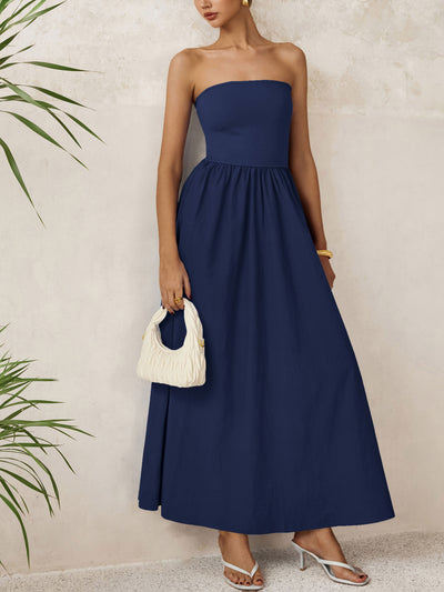 PRETTYGARDEN Women Summer Elegant Strapless Maxi Dress Tube Top Dress A Line Flowy Long Wedding Party Cocktail Dresses