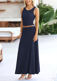 PRETTYGARDEN 2 Piece Maxi Skirt Sets Casual Knit Cropped Tank Top High Waisted Long Skirts Outfit
