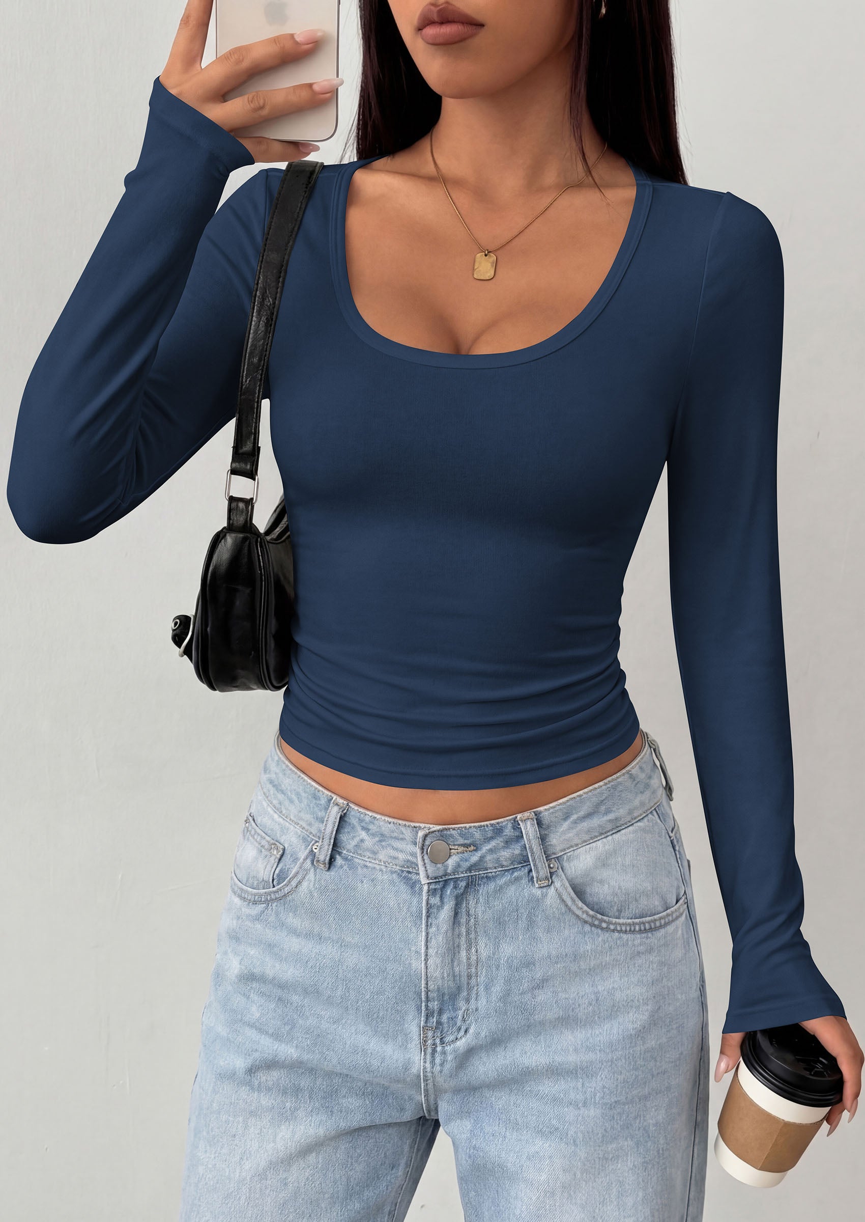 PRETTYGARDEN Womens Long Sleeve Tops 2026 Casual Scoop Neck Basic Tees Slim Fitted Tshirts Layer Knit Fall Outfits