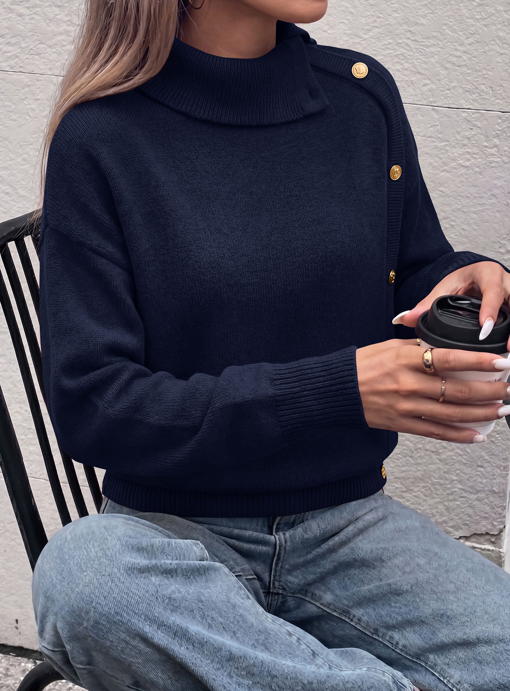 PRETTYGARDEN Womens Turtleneck Sweater Pullover Side Button Fall Clothes  Stretchy Knit,Dropped Shoulder,Ribbed Cuffs,Asymmetrical,Jumper Long Sleeve Tops,Work Office,2026 Winter Casual Outfits