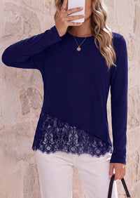 PRETTYGARDEN Women's Lace Patchwork Long Sleeve Shirts | Soft Casual Tops,Irregular Asymmetrical Hem,Crew Neck Thermal Blouses,Loose Fit Layer Tee,Fashion Fall Winter Daily Wear